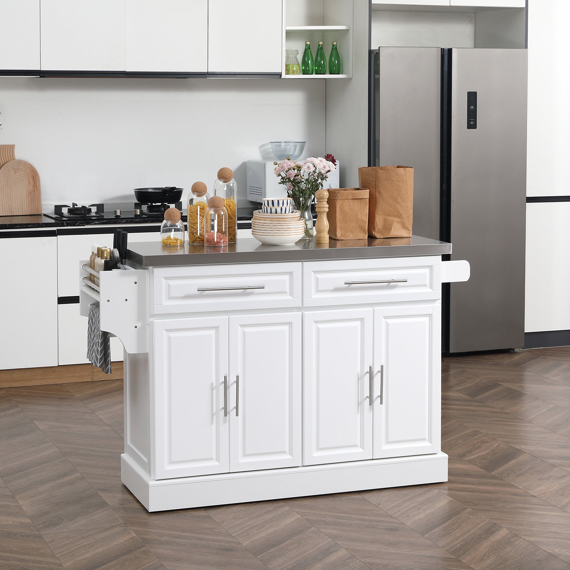 HOMCOM Kitchen Island with Storage, Rolling Kitchen Cart on Wheels with Stainless Steel Top, 2 Drawers, 2 Cabinets, Spice Rack, Knife and Towel Rack, White