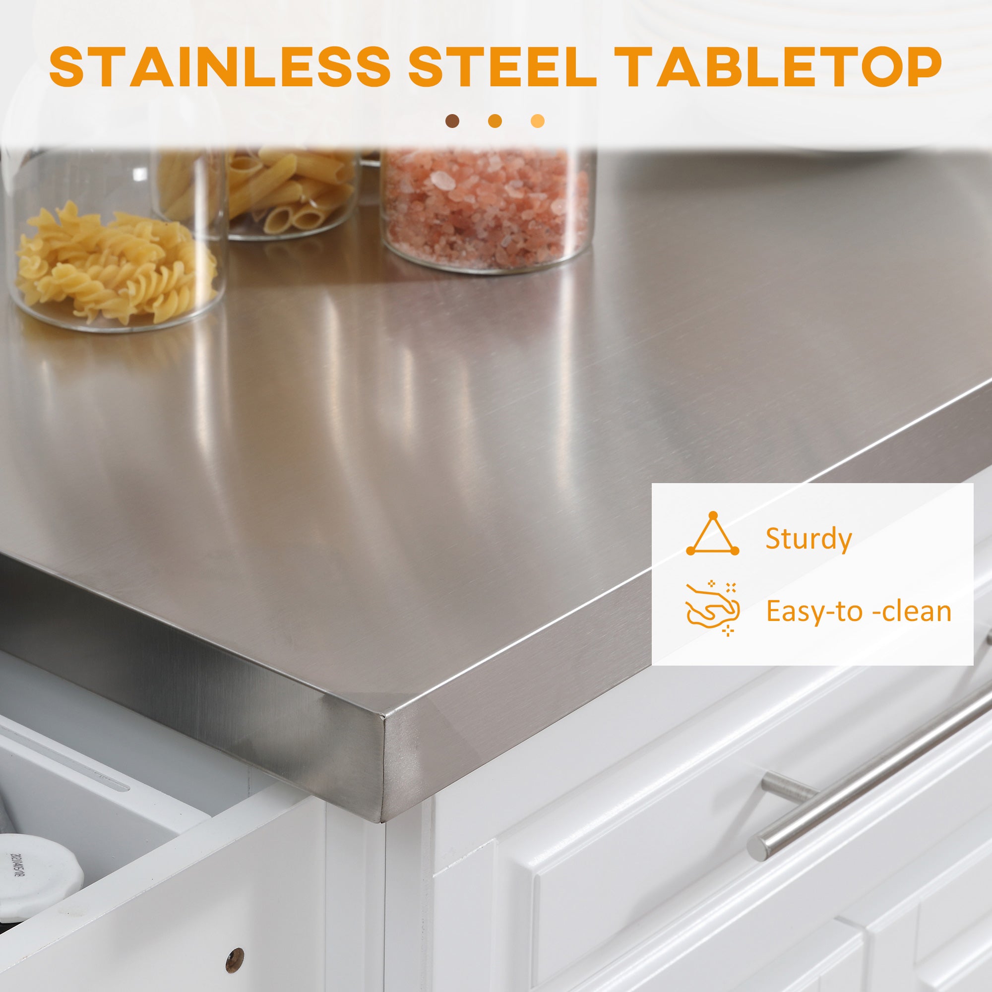 HOMCOM Kitchen Island with Storage, Rolling Kitchen Cart on Wheels with Stainless Steel Top, 2 Drawers, 2 Cabinets, Spice Rack, Knife and Towel Rack, White