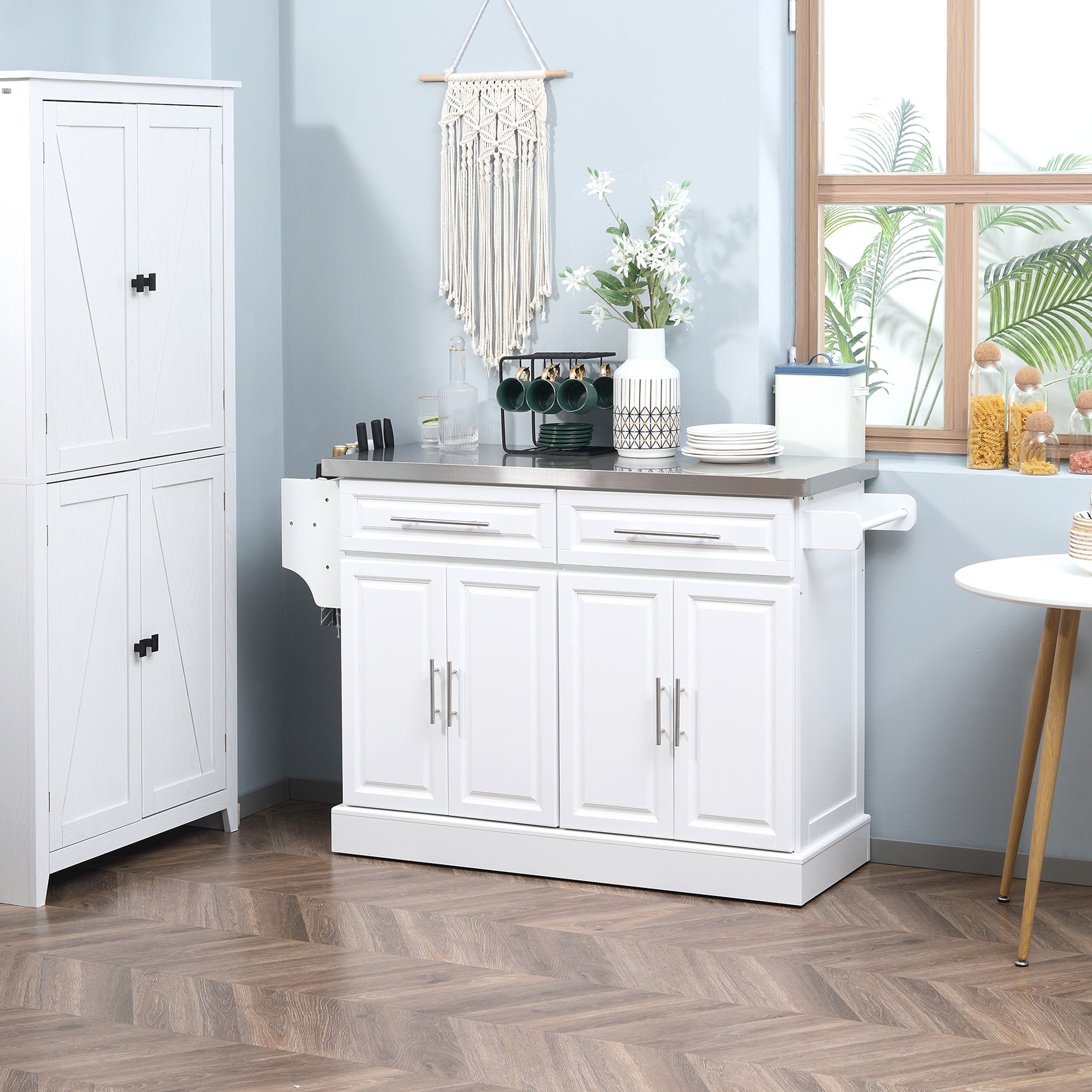 HOMCOM Kitchen Island with Storage, Rolling Kitchen Cart on Wheels with Stainless Steel Top, 2 Drawers, 2 Cabinets, Spice Rack, Knife and Towel Rack, White