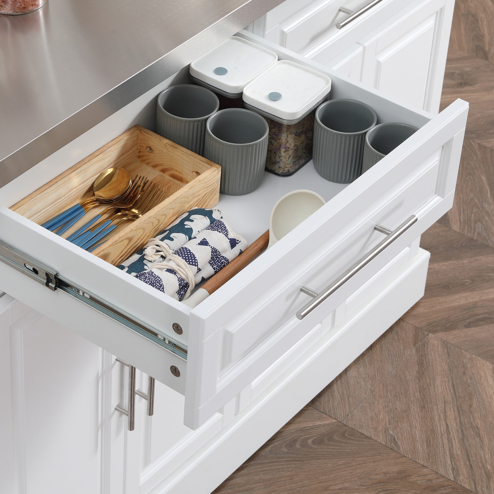 HOMCOM Kitchen Island with Storage, Rolling Kitchen Cart on Wheels with Stainless Steel Top, 2 Drawers, 2 Cabinets, Spice Rack, Knife and Towel Rack, White