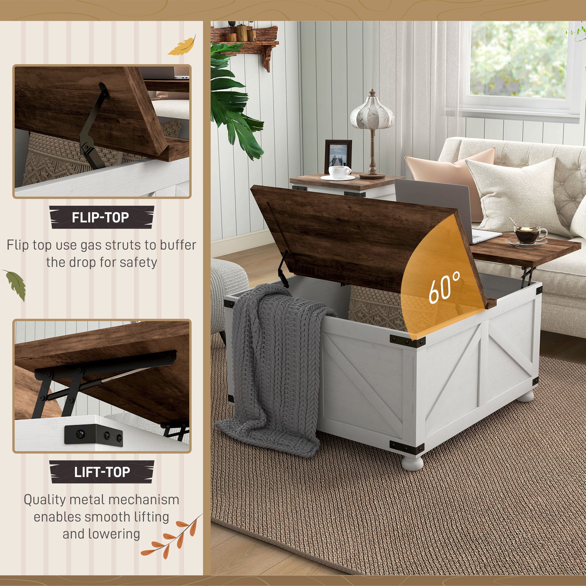 HOMCOM Lift Top Coffee Table with Flip-top Lids, 32" Farmhouse Center Table with 2 Hidden Compartments for Living Room, White