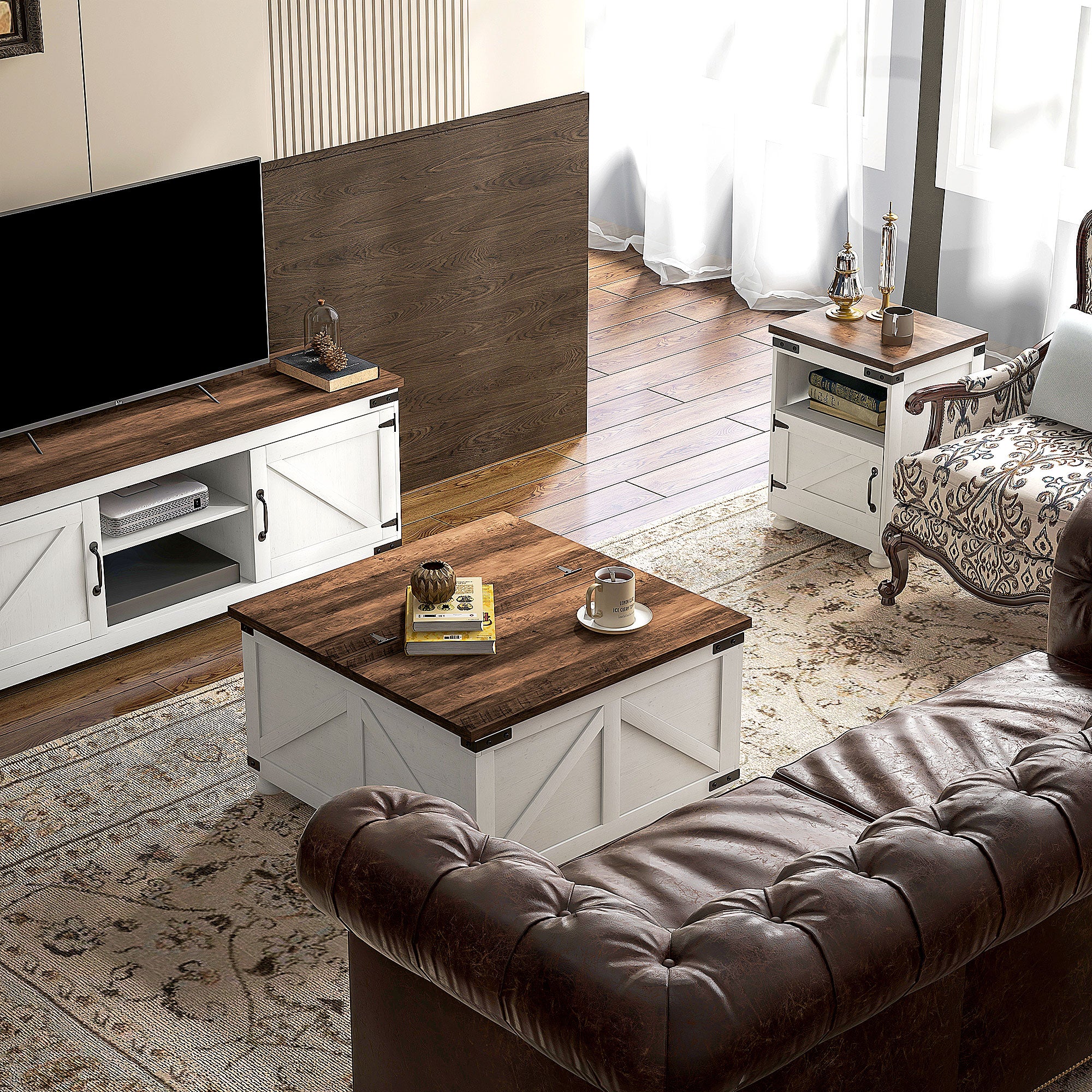 HOMCOM Lift Top Coffee Table with Flip-top Lids, 32" Farmhouse Center Table with 2 Hidden Compartments for Living Room, White