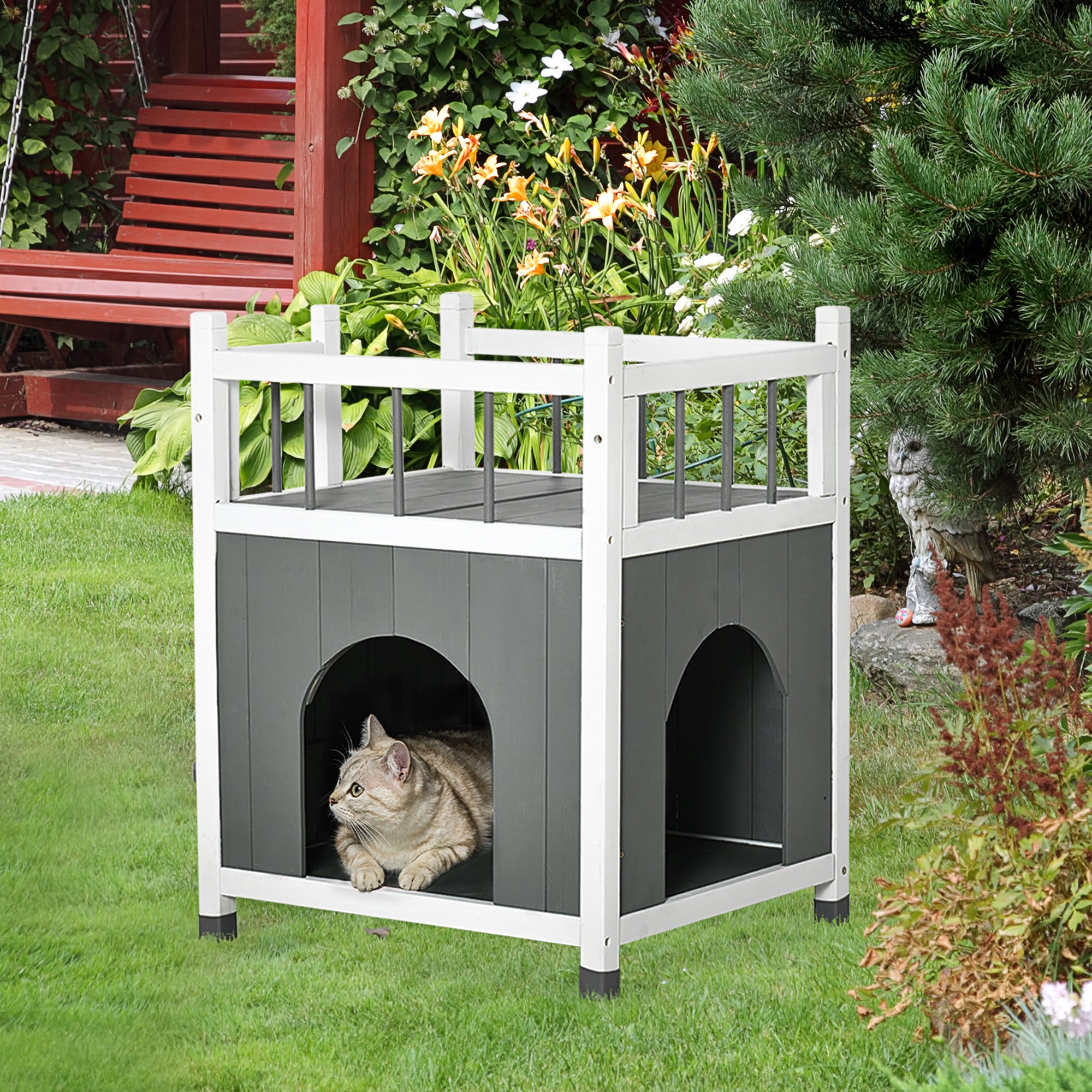 PawHut Outdoor Cat House, 2-Story Cat Enclosure Catio with Condo for Kitten, with Balcony, Jump Steps, Multiple Entrances, Grey