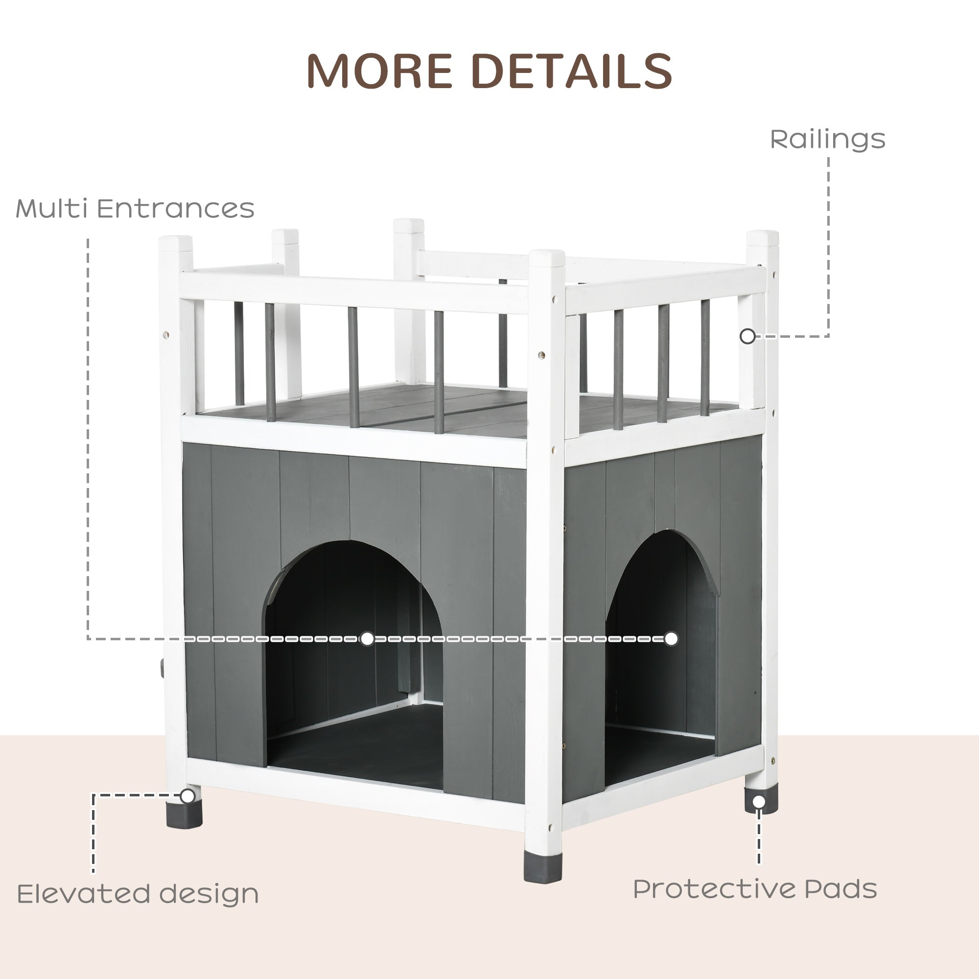 PawHut Outdoor Cat House, 2-Story Cat Enclosure Catio with Condo for Kitten, with Balcony, Jump Steps, Multiple Entrances, Grey