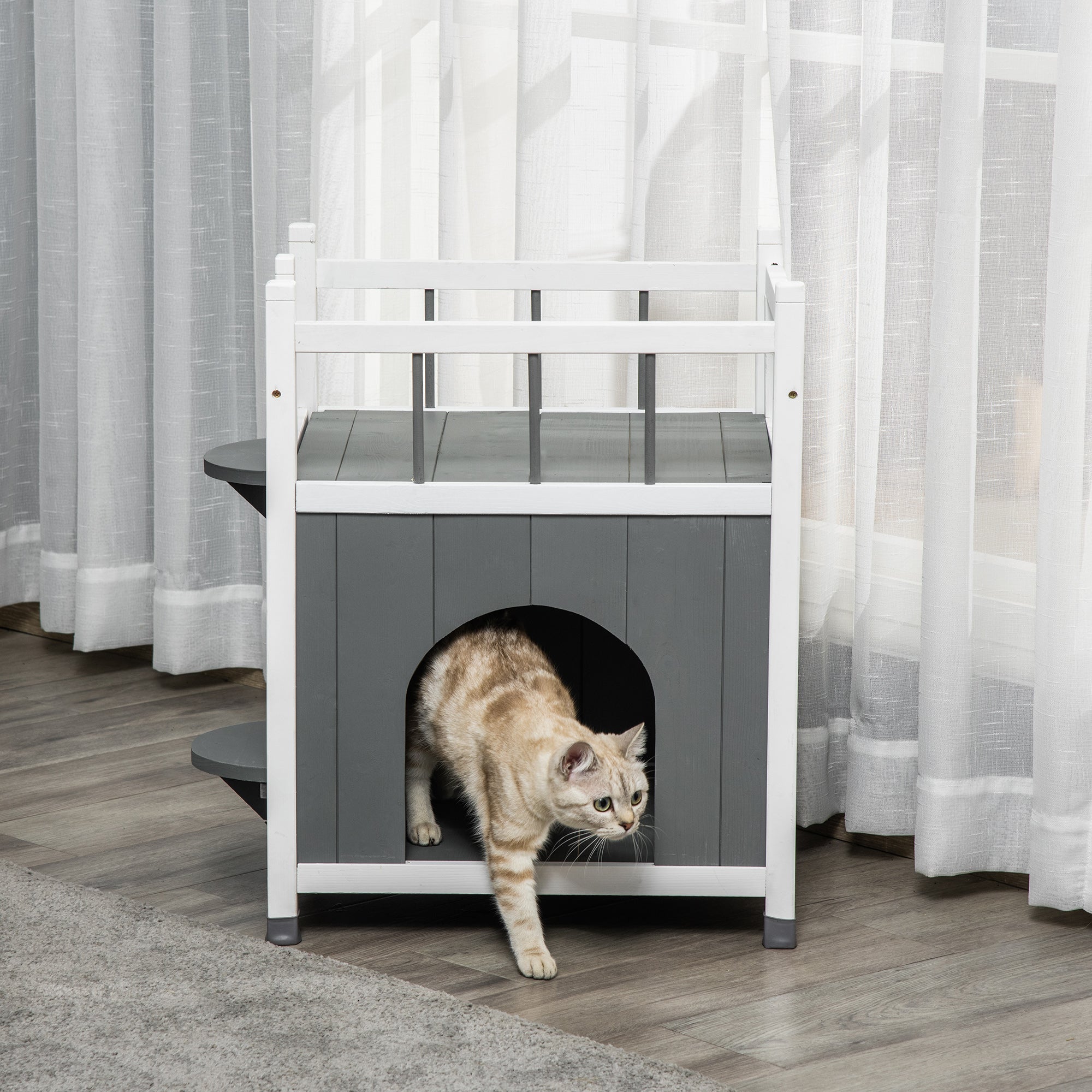 PawHut Outdoor Cat House, 2-Story Cat Enclosure Catio with Condo for Kitten, with Balcony, Jump Steps, Multiple Entrances, Grey