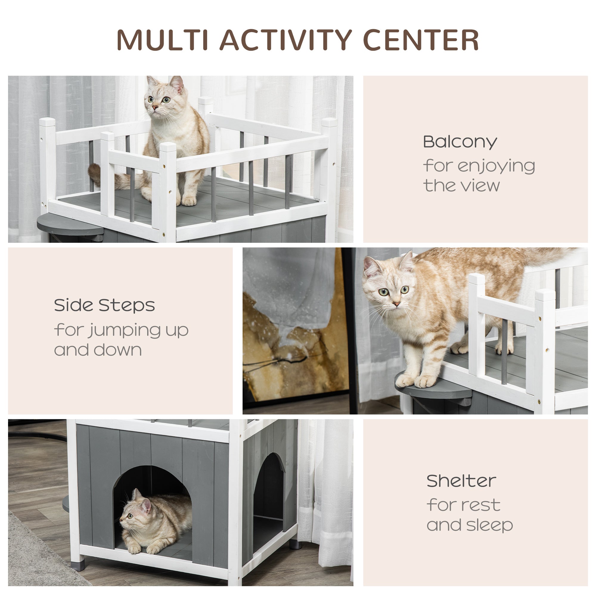 PawHut Outdoor Cat House, 2-Story Cat Enclosure Catio with Condo for Kitten, with Balcony, Jump Steps, Multiple Entrances, Grey