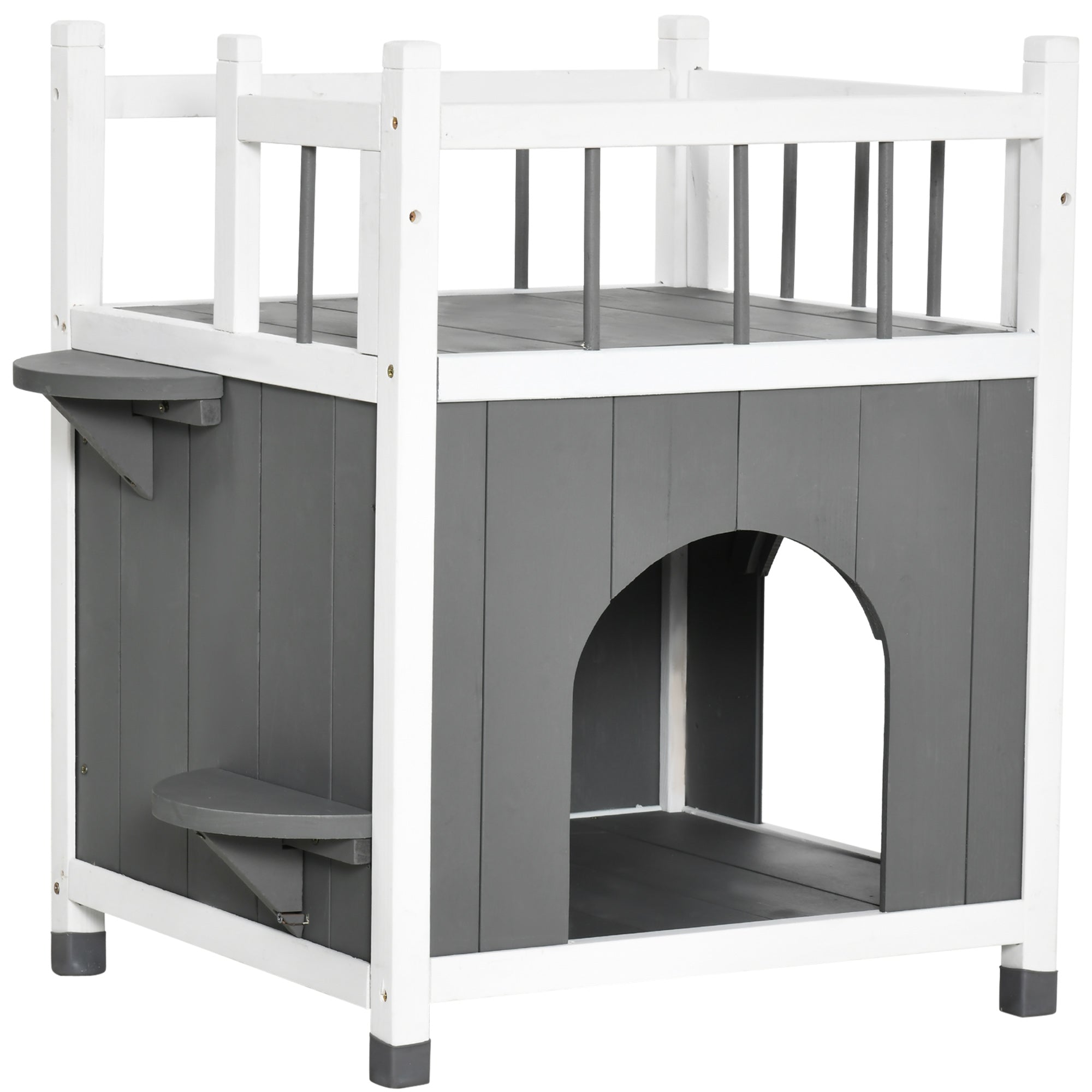 PawHut Outdoor Cat House, 2-Story Cat Enclosure Catio with Condo for Kitten, with Balcony, Jump Steps, Multiple Entrances, Grey