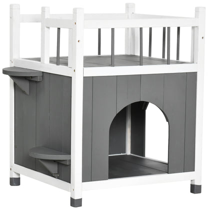 PawHut Outdoor Cat House, 2-Story Cat Enclosure Catio with Condo for Kitten, with Balcony, Jump Steps, Multiple Entrances, Grey