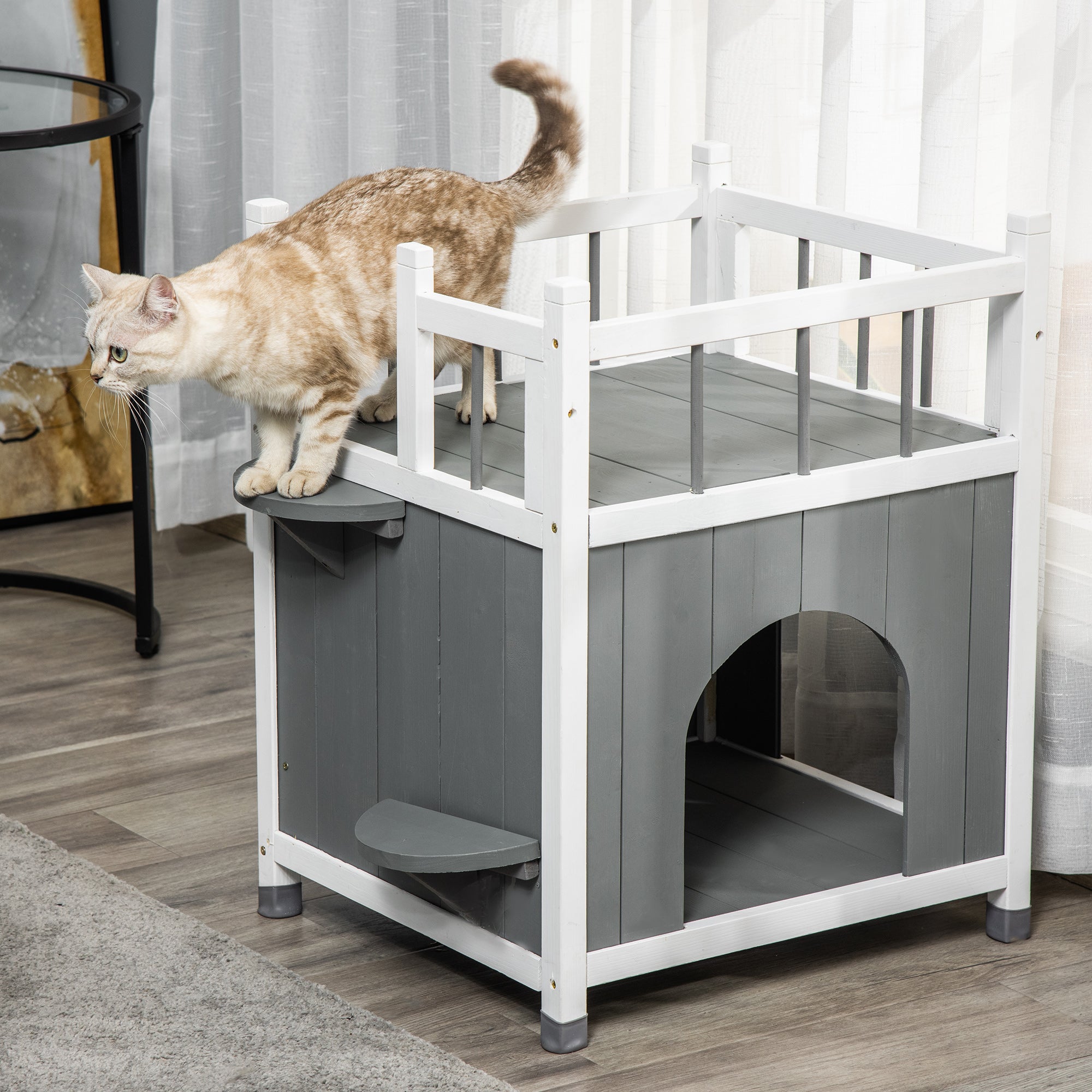 PawHut Outdoor Cat House, 2-Story Cat Enclosure Catio with Condo for Kitten, with Balcony, Jump Steps, Multiple Entrances, Grey