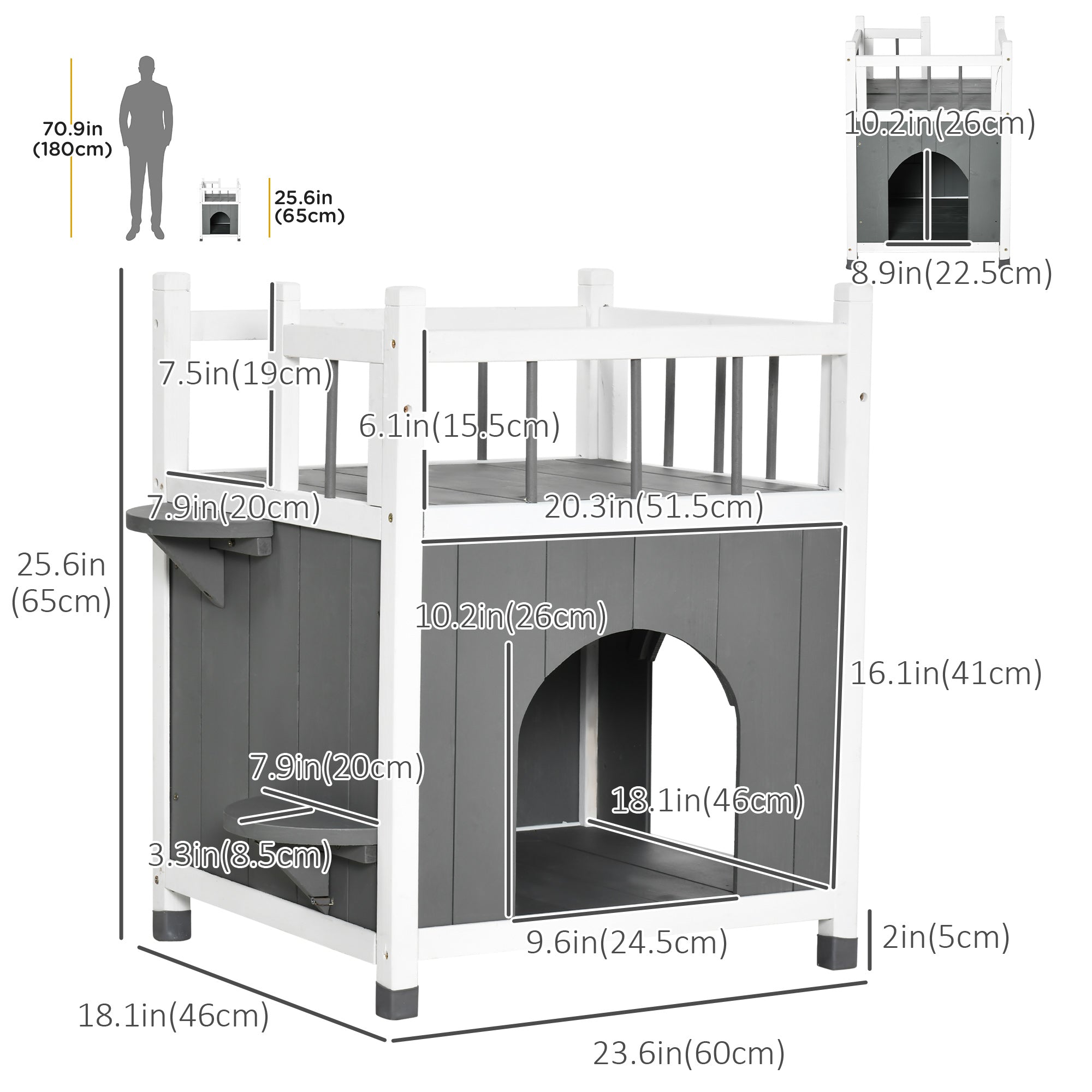 PawHut Outdoor Cat House, 2-Story Cat Enclosure Catio with Condo for Kitten, with Balcony, Jump Steps, Multiple Entrances, Grey