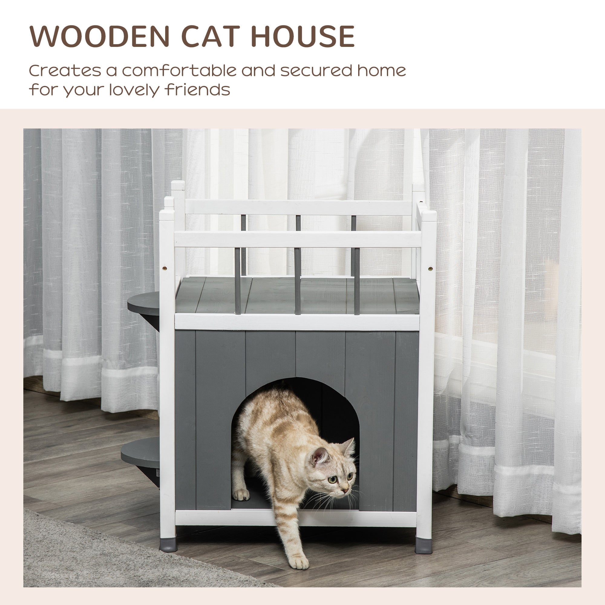 PawHut Outdoor Cat House, 2-Story Cat Enclosure Catio with Condo for Kitten, with Balcony, Jump Steps, Multiple Entrances, Grey