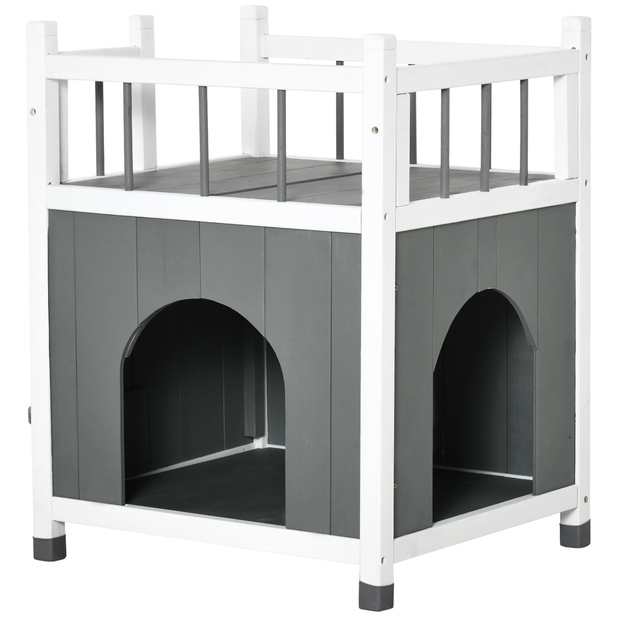 PawHut Outdoor Cat House, 2-Story Cat Enclosure Catio with Condo for Kitten, with Balcony, Jump Steps, Multiple Entrances, Grey