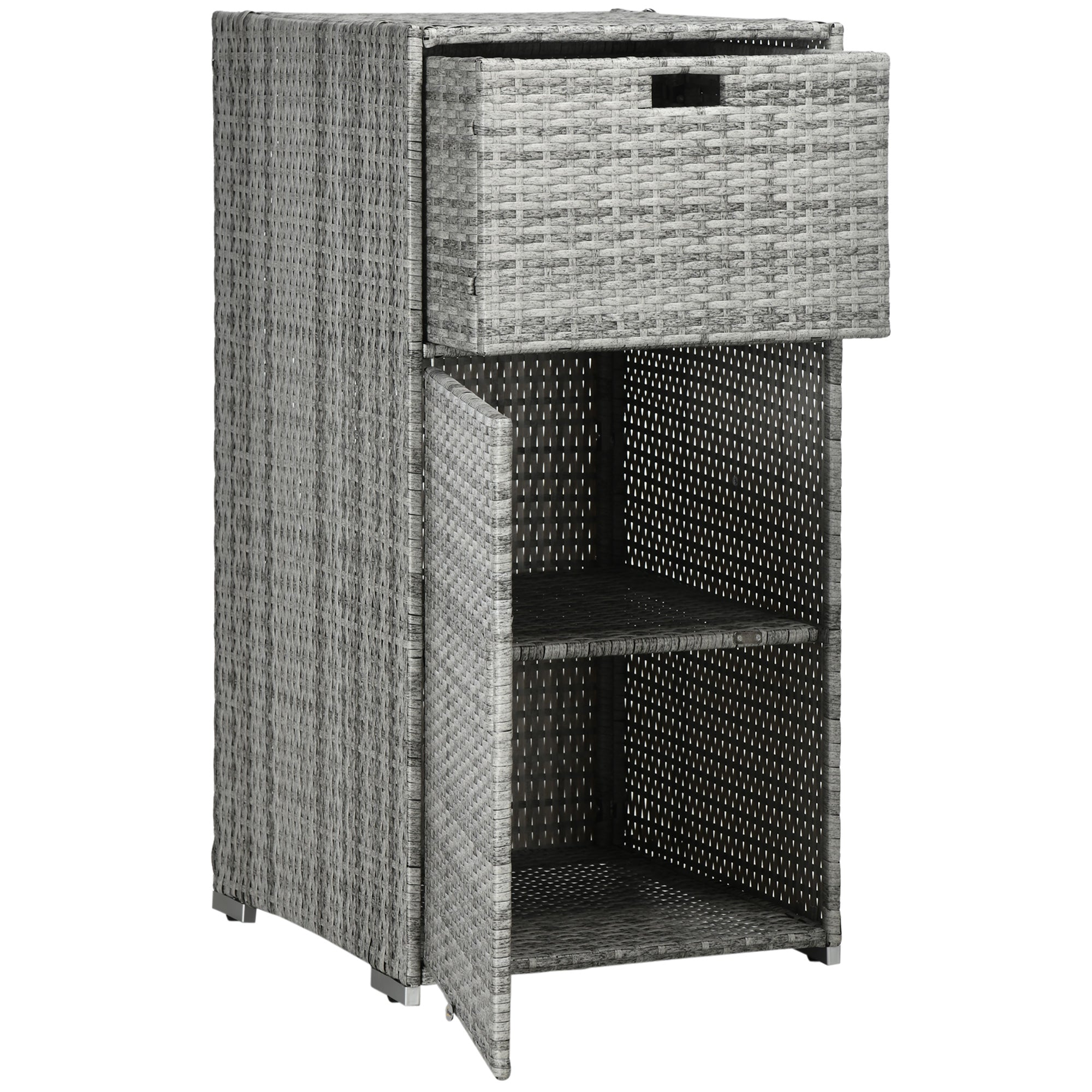 Outsunny Patio Storage Cabinet, Outdoor Towel Rack for Pool, Waterproof PE Rattan Wicker, Hot Tub Accessory, with Basket Drawer, Mixed Grey