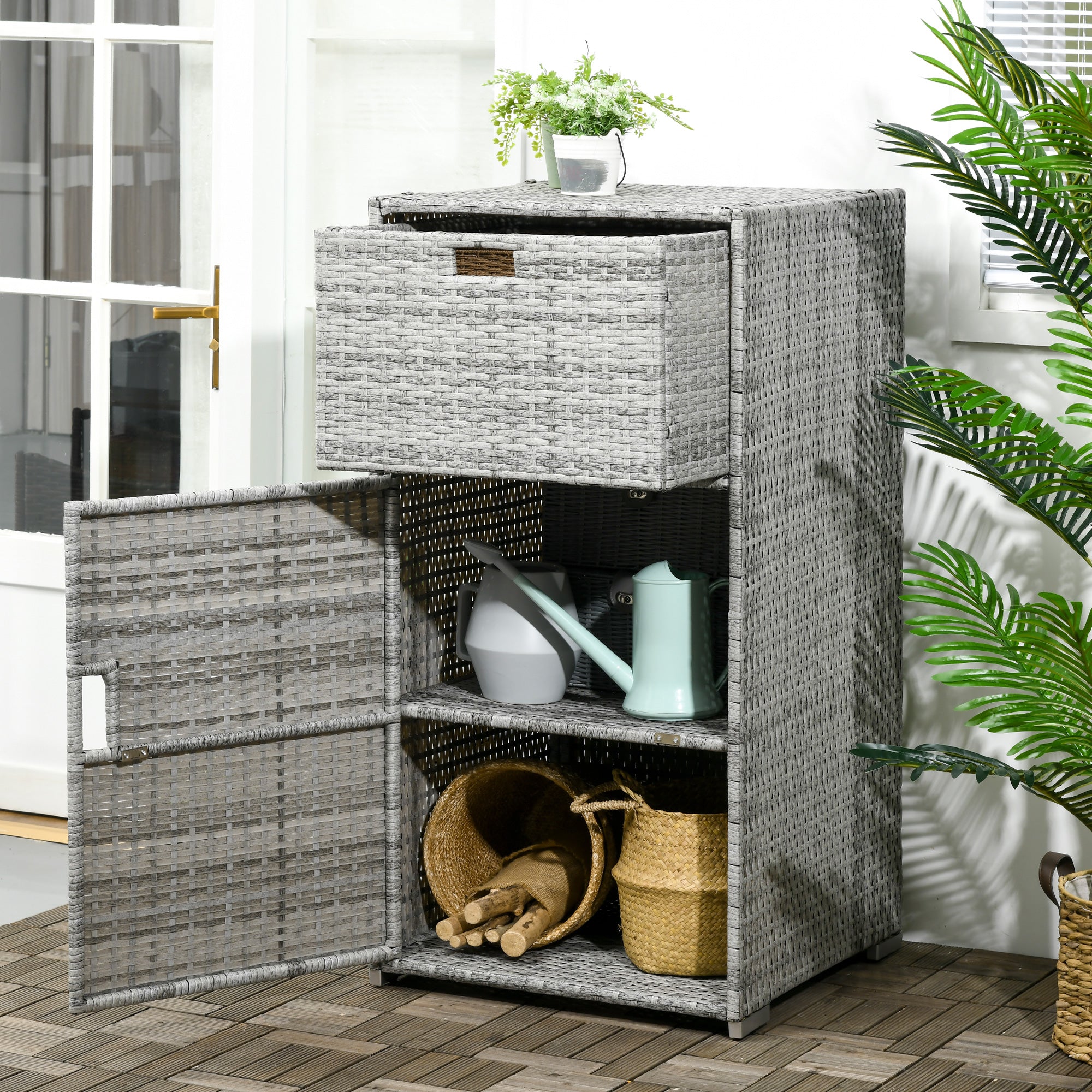 Outsunny Patio Storage Cabinet, Outdoor Towel Rack for Pool, Waterproof PE Rattan Wicker, Hot Tub Accessory, with Basket Drawer, Mixed Grey
