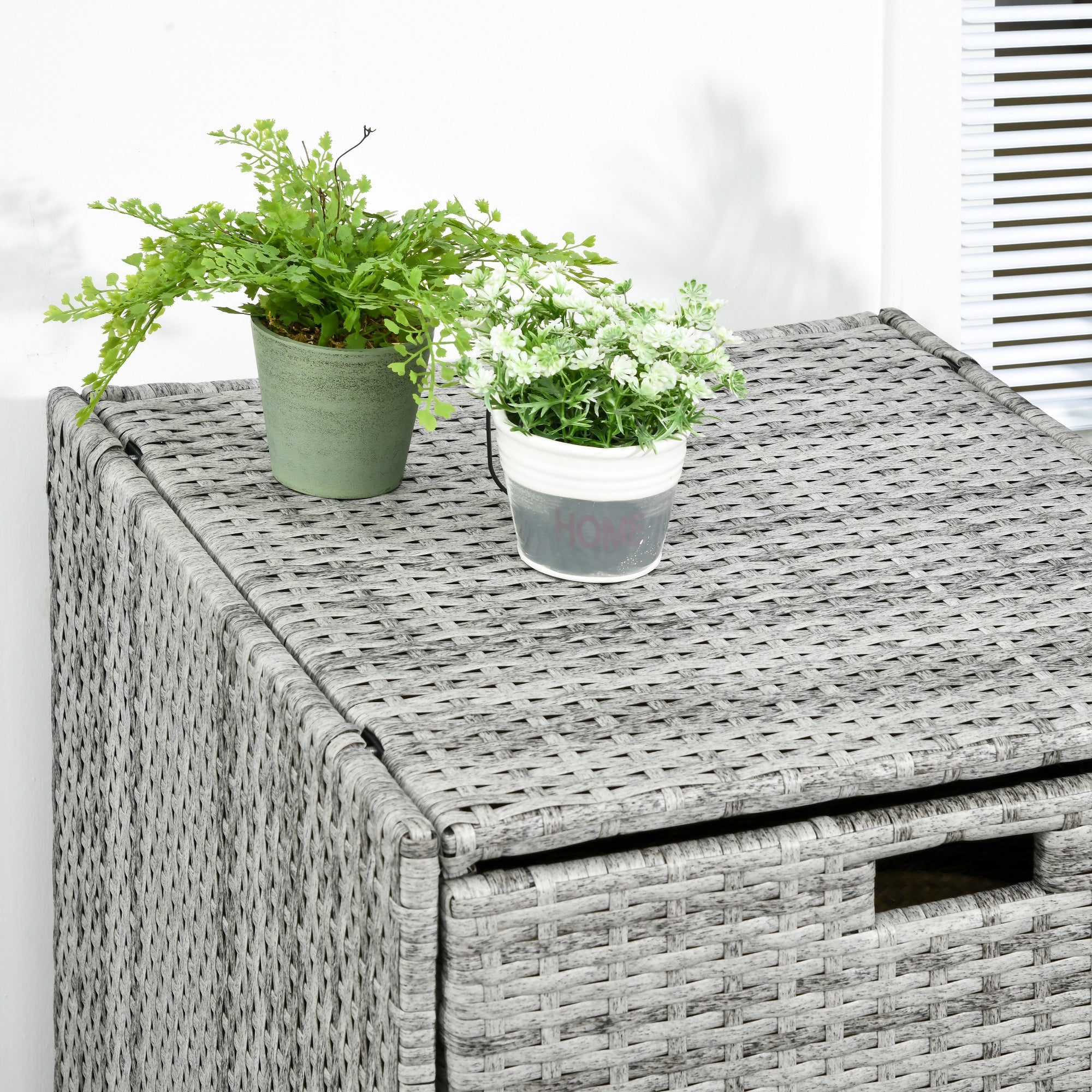 Outsunny Patio Storage Cabinet, Outdoor Towel Rack for Pool, Waterproof PE Rattan Wicker, Hot Tub Accessory, with Basket Drawer, Mixed Grey