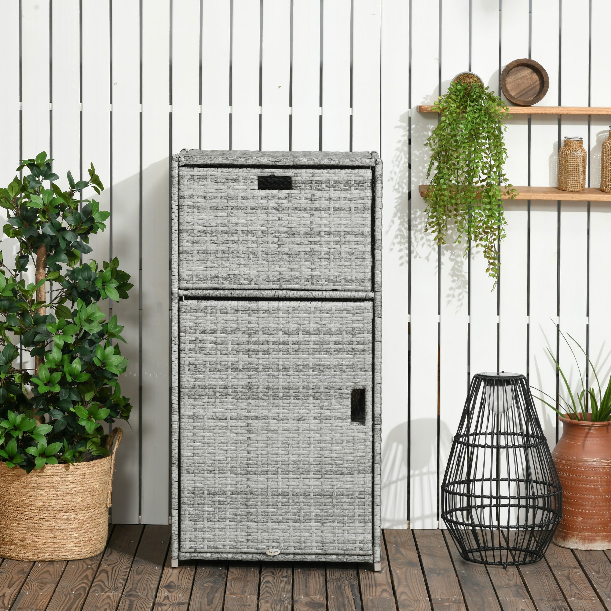 Outsunny Patio Storage Cabinet, Outdoor Towel Rack for Pool, Waterproof PE Rattan Wicker, Hot Tub Accessory, with Basket Drawer, Mixed Grey