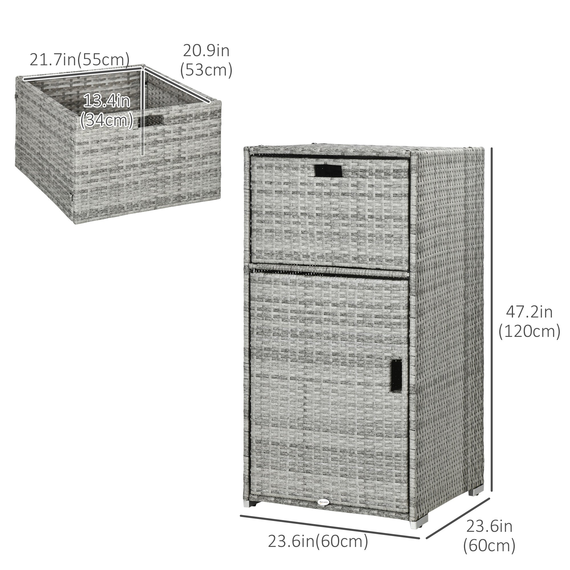 Outsunny Patio Storage Cabinet, Outdoor Towel Rack for Pool, Waterproof PE Rattan Wicker, Hot Tub Accessory, with Basket Drawer, Mixed Grey