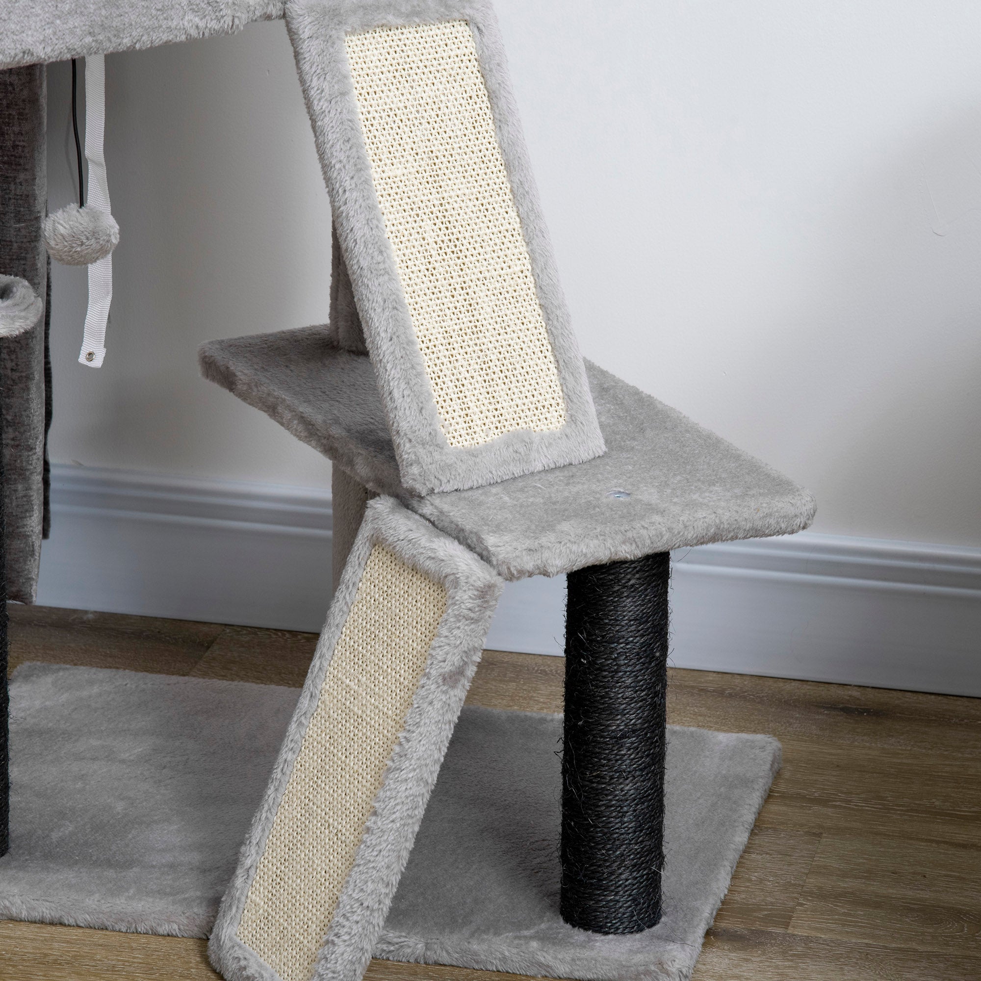 PawHut 47" Cat Tree for Indoor Cats, Kitty Activity Center, Cat Tower with Cat Ear Bed Ramp Condo Hammock Hanging Ball Toys Sisal Rope Scratching Post, Light Grey