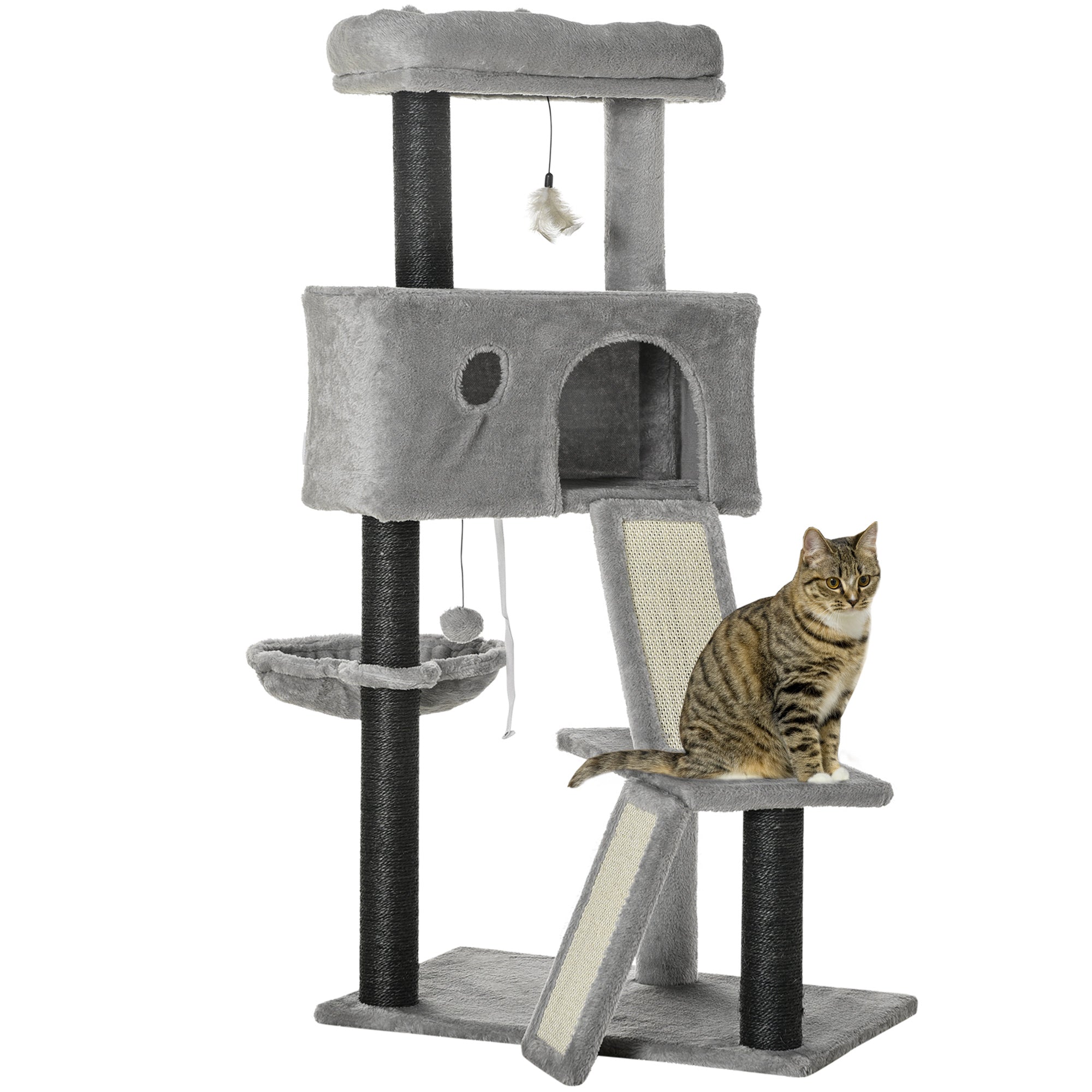 PawHut 47" Cat Tree for Indoor Cats, Kitty Activity Center, Cat Tower with Cat Ear Bed Ramp Condo Hammock Hanging Ball Toys Sisal Rope Scratching Post, Light Grey