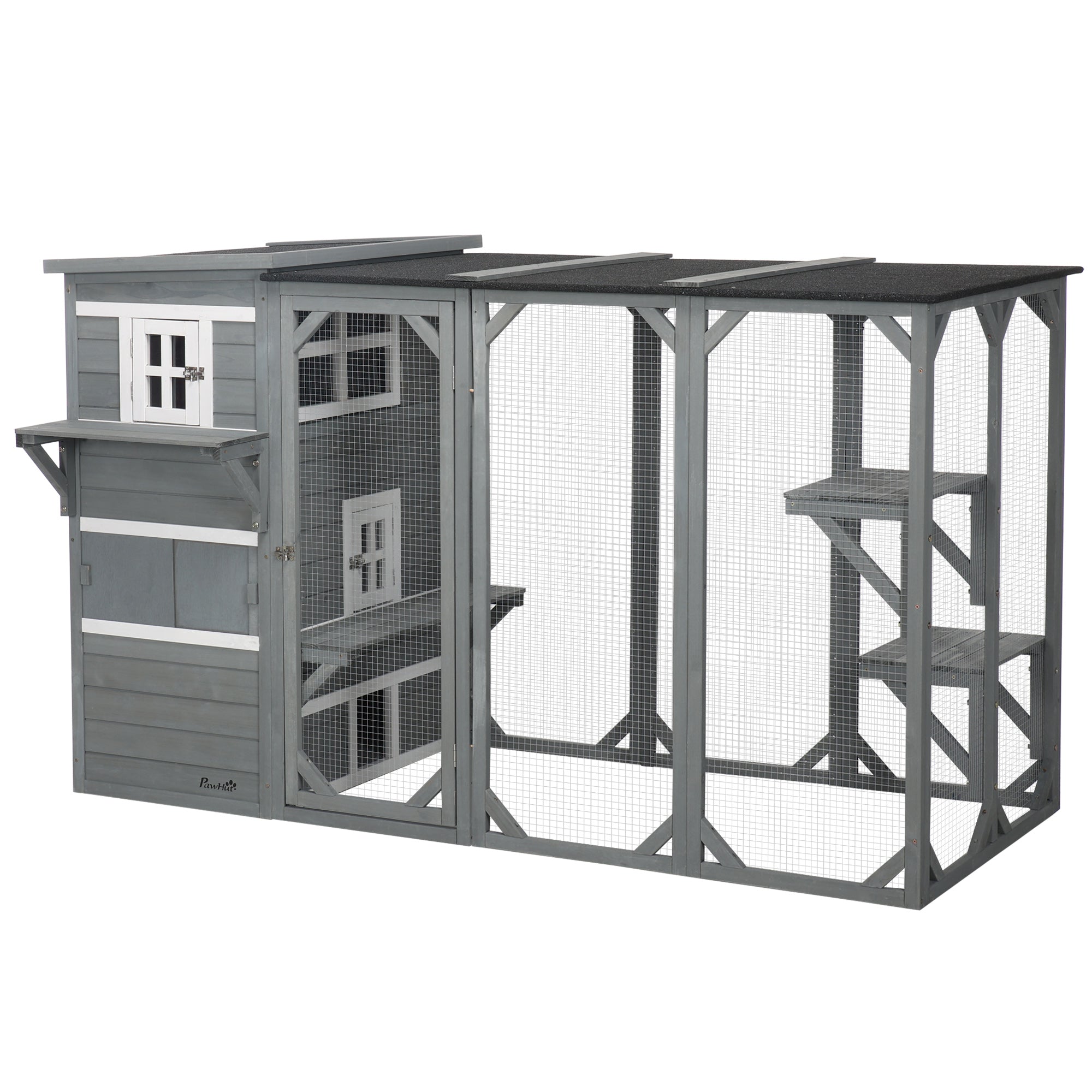 PawHut Wooden Cat Catio, 76"L Walk in Outdoor Cat House with Asphalt Roof, Platforms, Lockable Doors, 3-tier Resting Condo, Observation Window, for 2-3 Cats, Light Grey