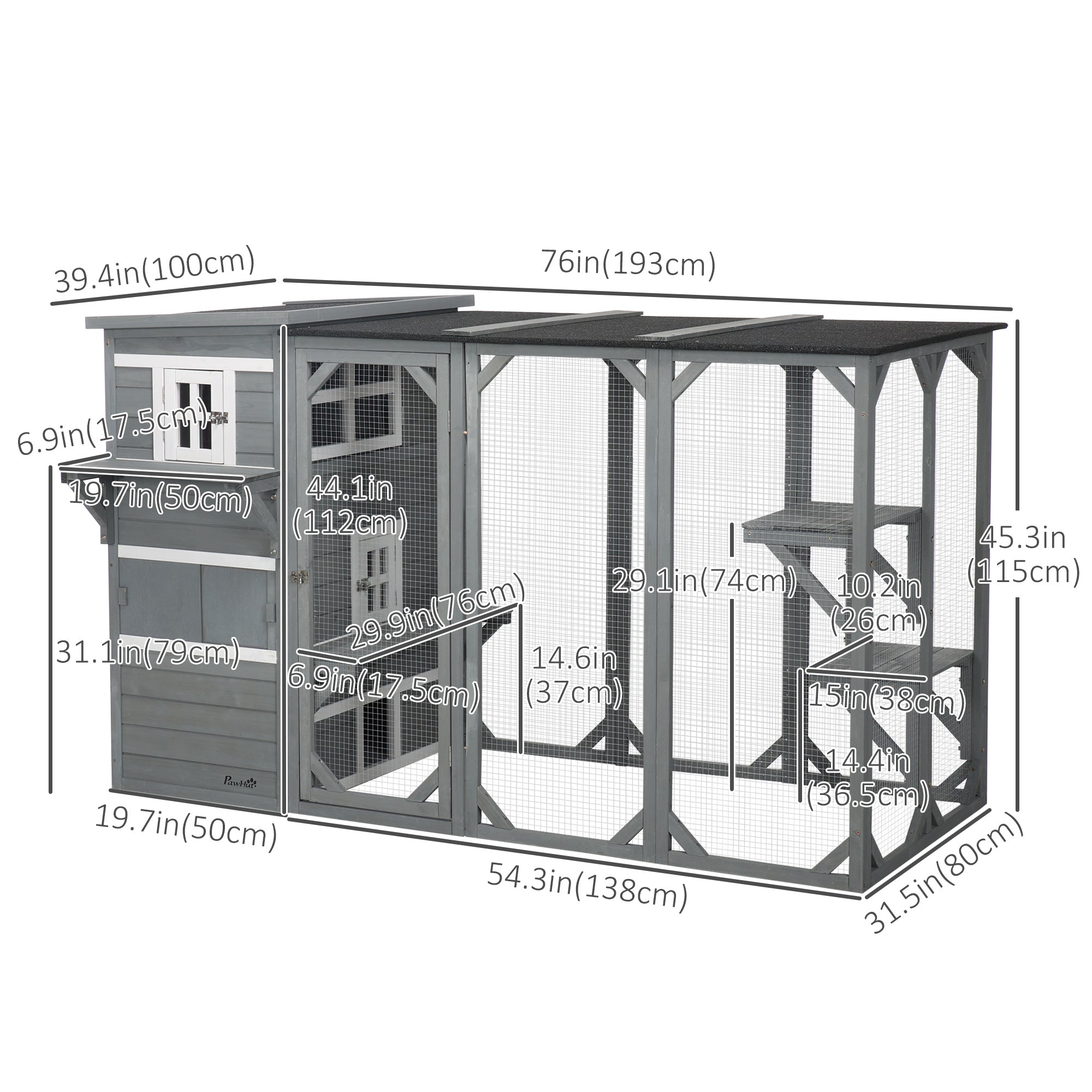 PawHut Wooden Cat Catio, 76"L Walk in Outdoor Cat House with Asphalt Roof, Platforms, Lockable Doors, 3-tier Resting Condo, Observation Window, for 2-3 Cats, Light Grey