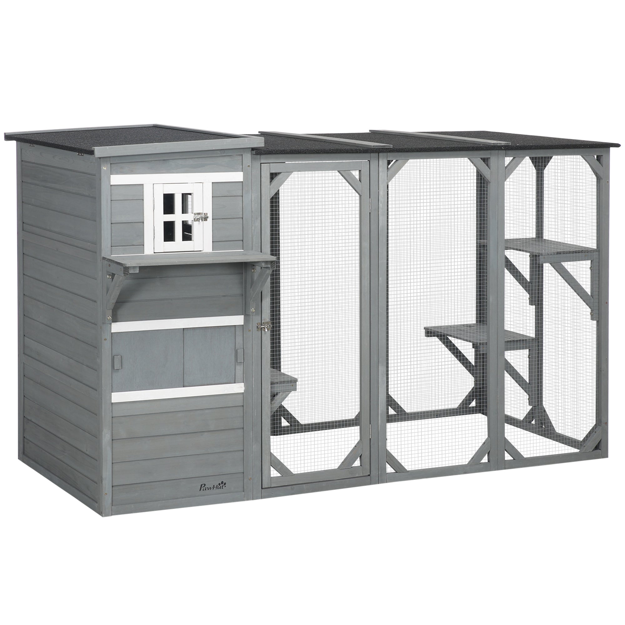 PawHut Wooden Cat Catio, 76"L Walk in Outdoor Cat House with Asphalt Roof, Platforms, Lockable Doors, 3-tier Resting Condo, Observation Window, for 2-3 Cats, Light Grey