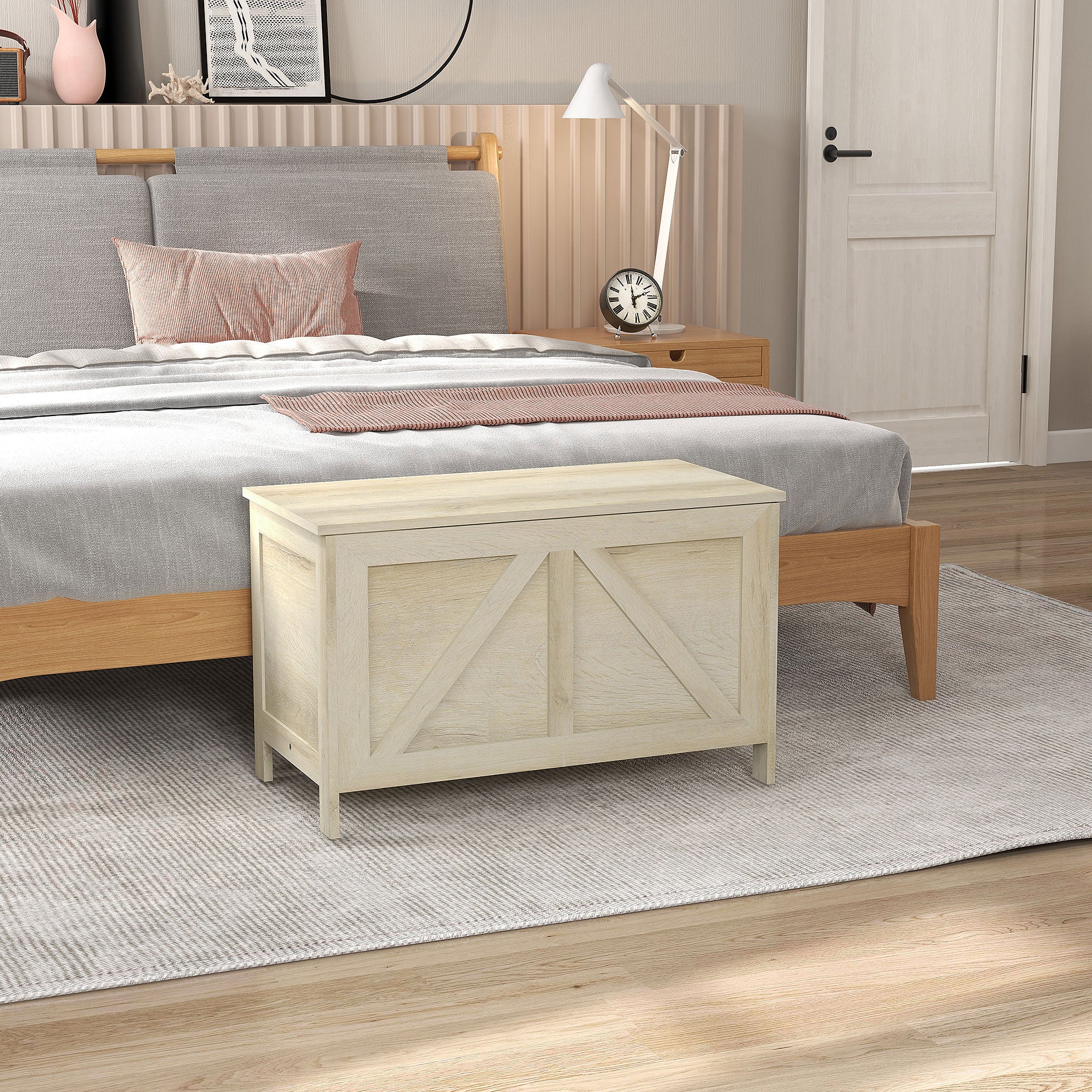 HOMCOM Farmhouse Storage Chest, Storage Bench, Lift Top Box with Safety Hinge to Open Up 100掳 for Entryway, Living Room, Natural