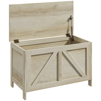 HOMCOM Farmhouse Storage Chest, Storage Bench, Lift Top Box with Safety Hinge to Open Up 100掳 for Entryway, Living Room, Natural