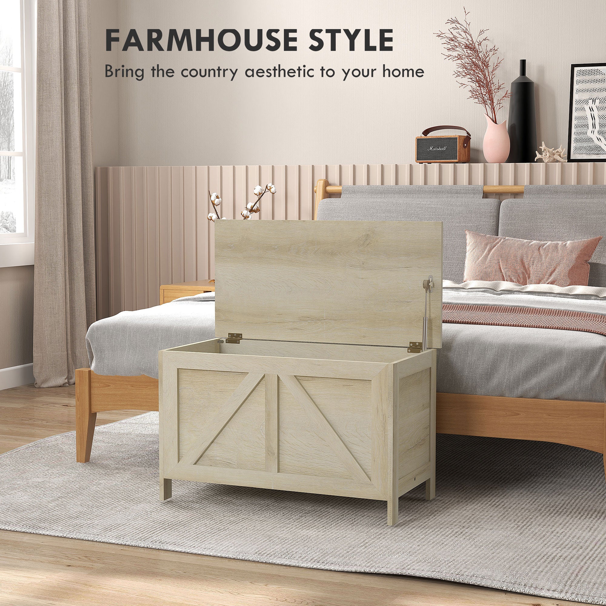 HOMCOM Farmhouse Storage Chest, Storage Bench, Lift Top Box with Safety Hinge to Open Up 100掳 for Entryway, Living Room, Natural