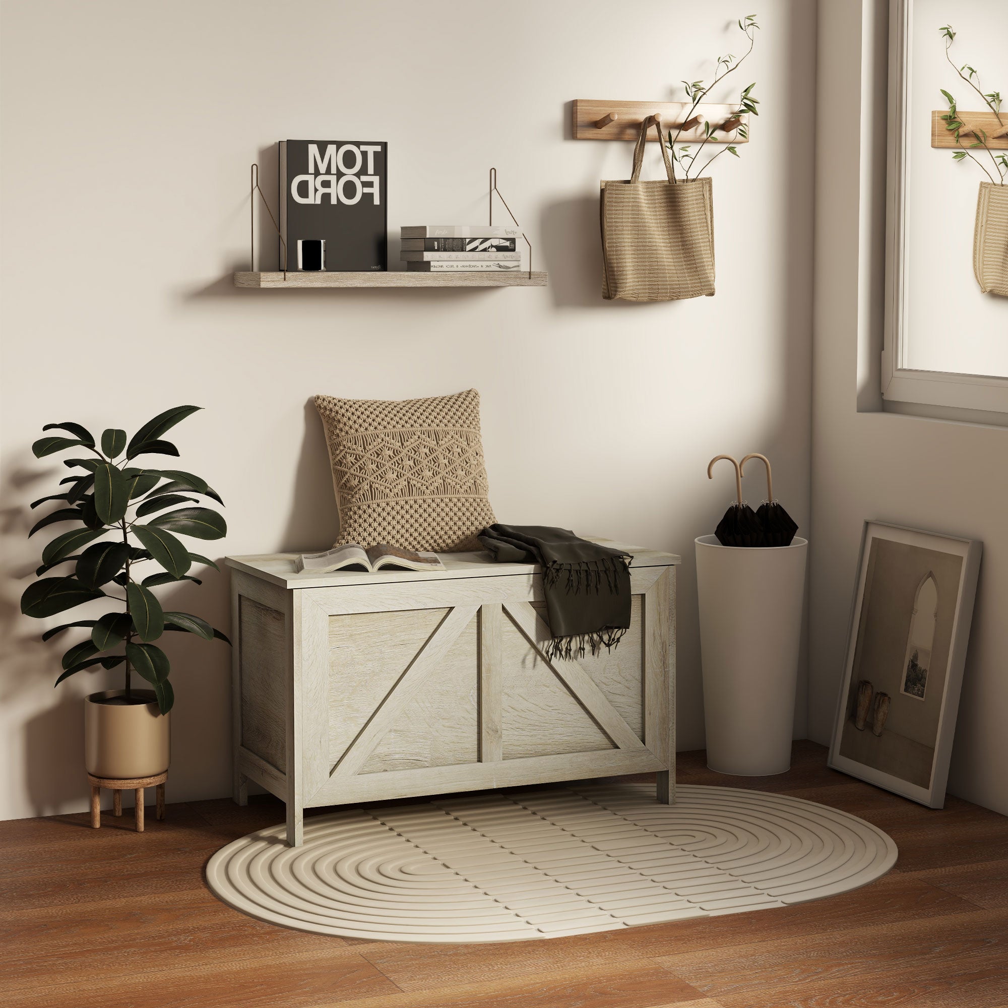 HOMCOM Farmhouse Storage Chest, Storage Bench, Lift Top Box with Safety Hinge to Open Up 100掳 for Entryway, Living Room, Natural