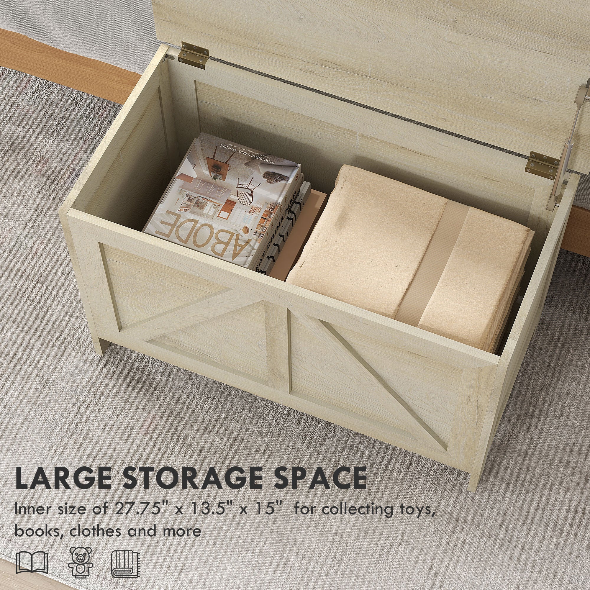HOMCOM Farmhouse Storage Chest, Storage Bench, Lift Top Box with Safety Hinge to Open Up 100掳 for Entryway, Living Room, Natural