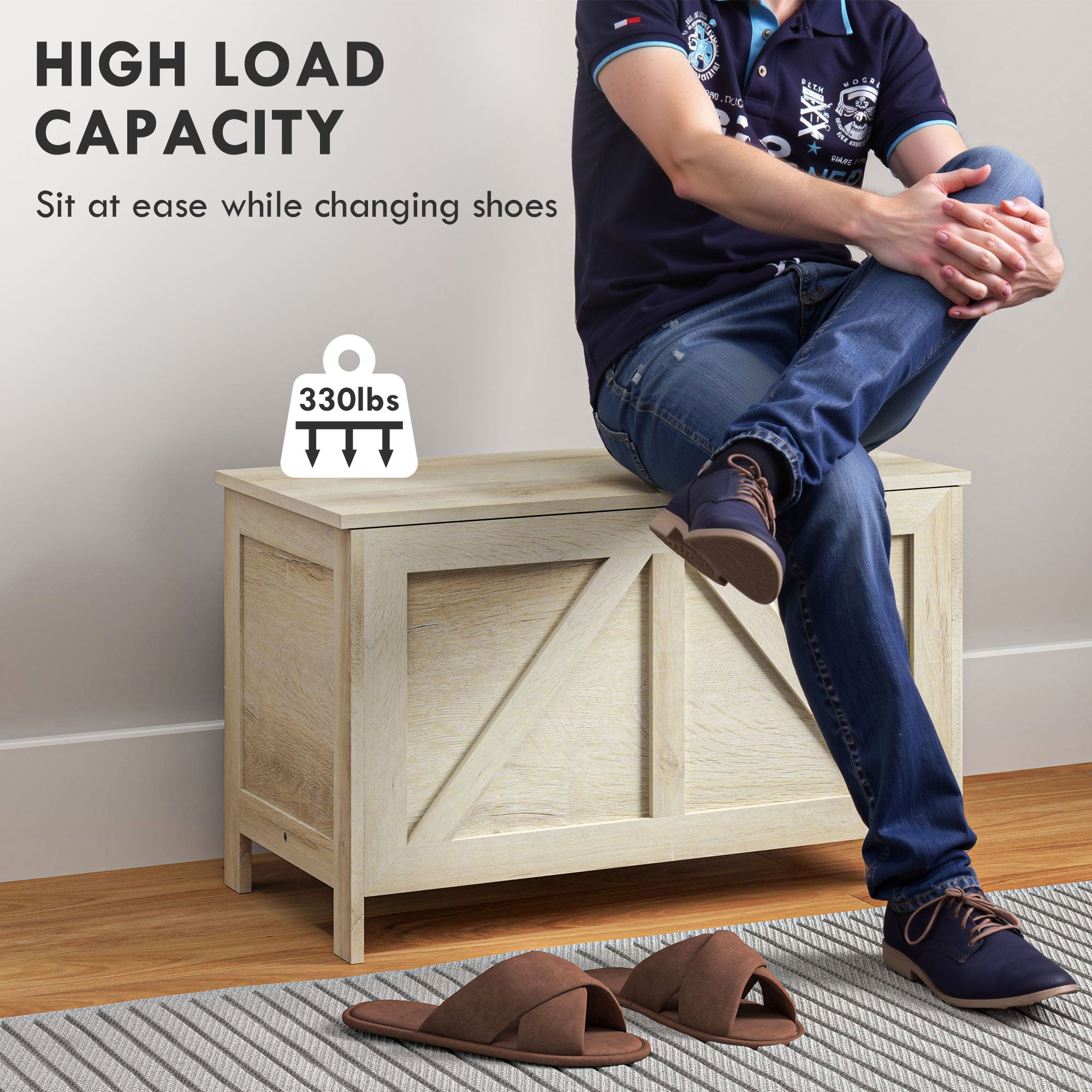 HOMCOM Farmhouse Storage Chest, Storage Bench, Lift Top Box with Safety Hinge to Open Up 100掳 for Entryway, Living Room, Natural