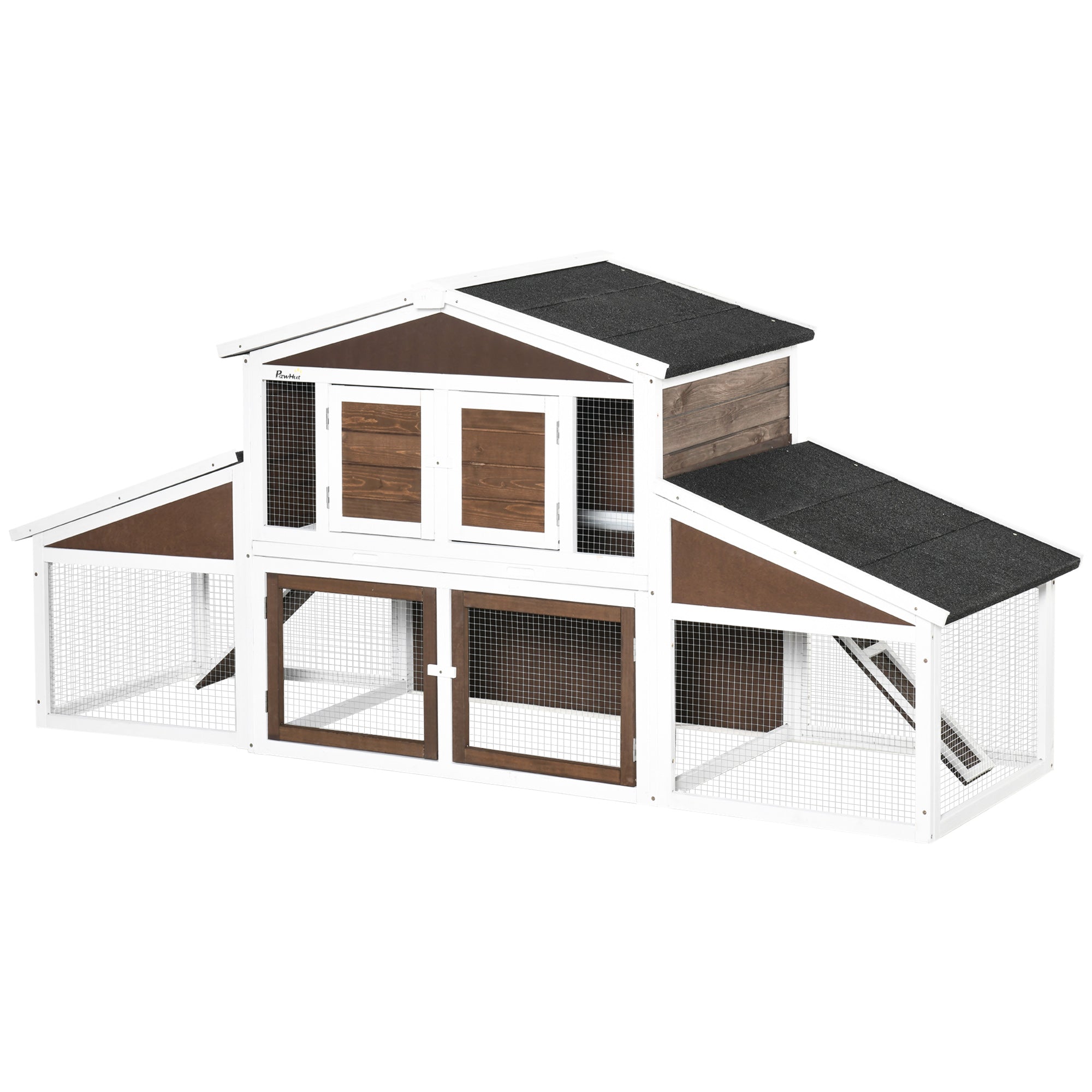PawHut 89"L Outdoor Rabbit Hutch, Guinea Pig Cage Indoor Outdoor Wooden Bunny Hutch with Double Runs, Weatherproof Roof, Removable Tray, Ramps, Brown
