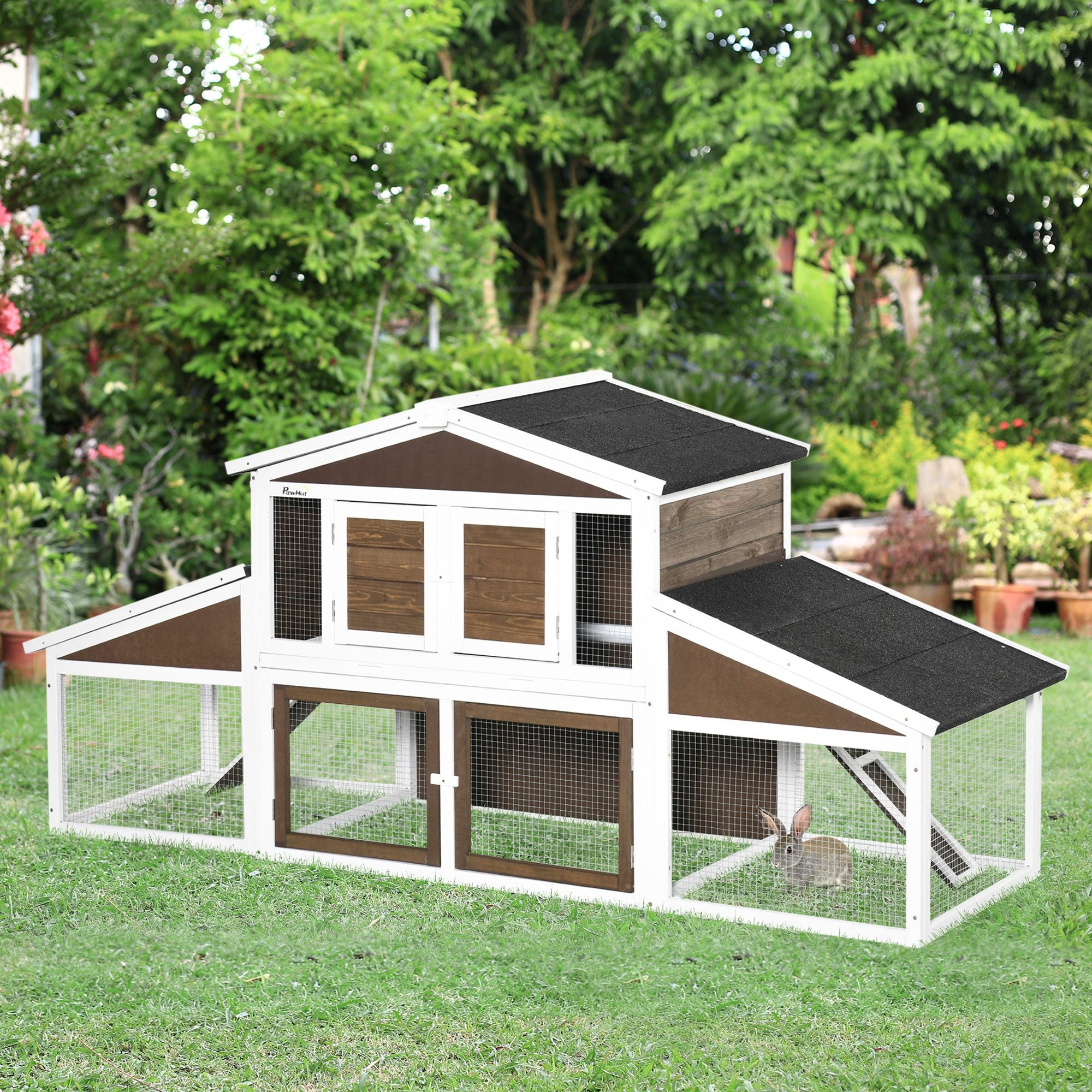 PawHut 89"L Outdoor Rabbit Hutch, Guinea Pig Cage Indoor Outdoor Wooden Bunny Hutch with Double Runs, Weatherproof Roof, Removable Tray, Ramps, Brown