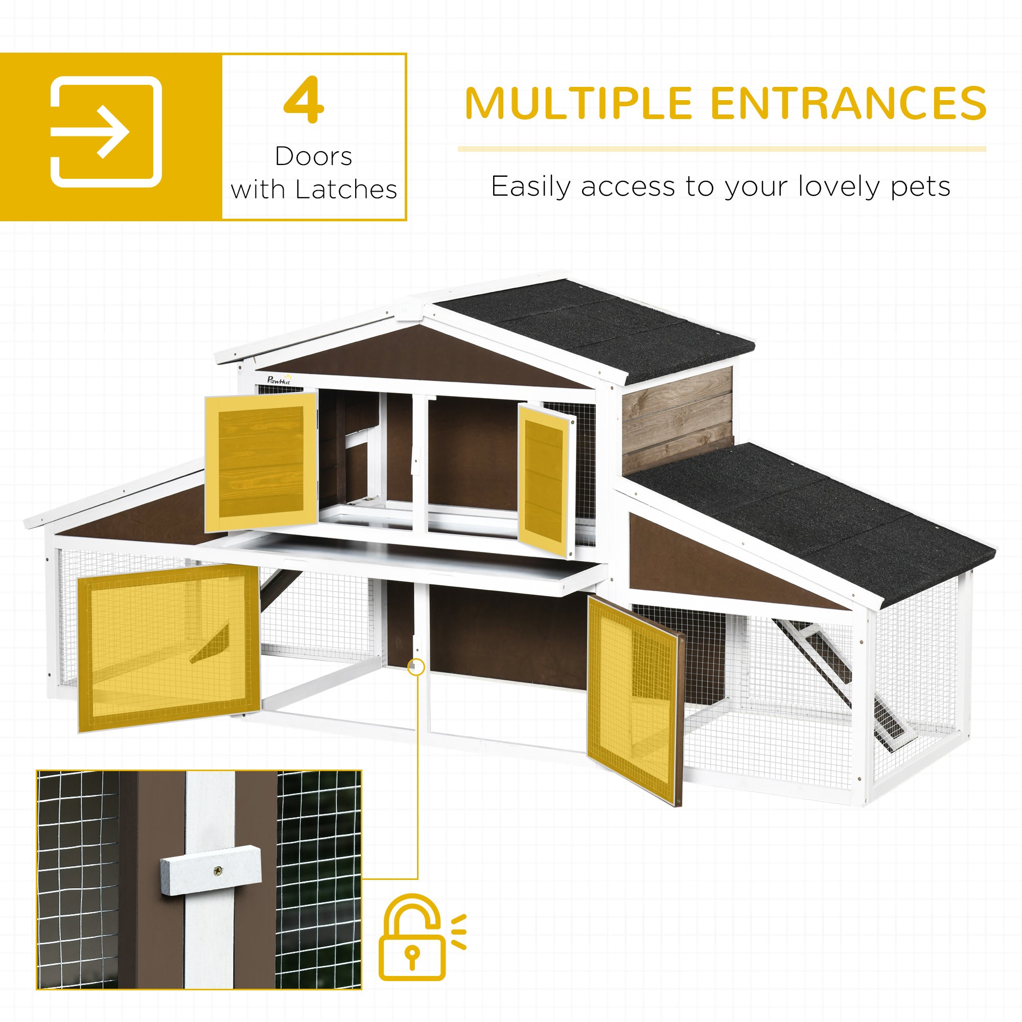 PawHut 89"L Outdoor Rabbit Hutch, Guinea Pig Cage Indoor Outdoor Wooden Bunny Hutch with Double Runs, Weatherproof Roof, Removable Tray, Ramps, Brown