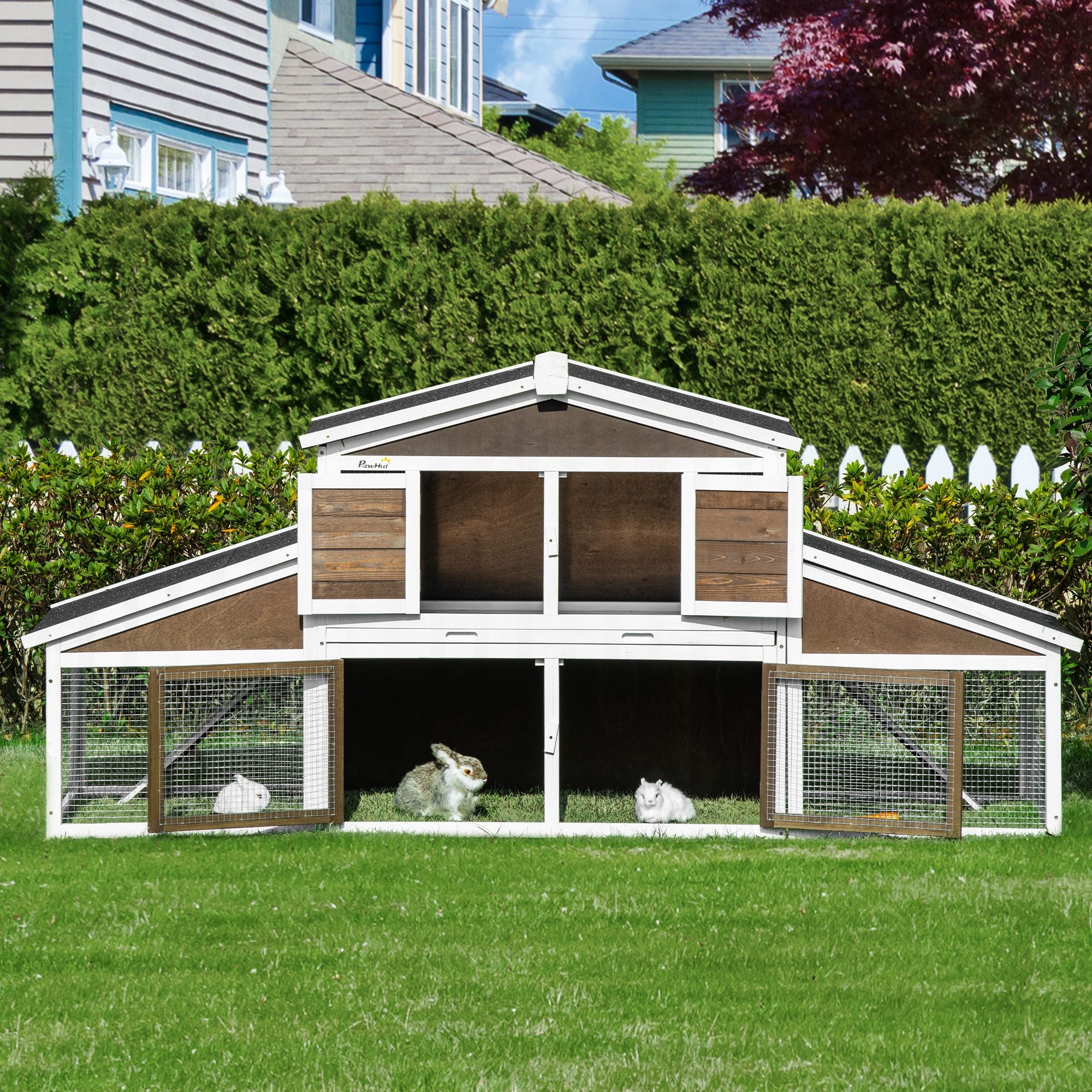 PawHut 89"L Outdoor Rabbit Hutch, Guinea Pig Cage Indoor Outdoor Wooden Bunny Hutch with Double Runs, Weatherproof Roof, Removable Tray, Ramps, Brown