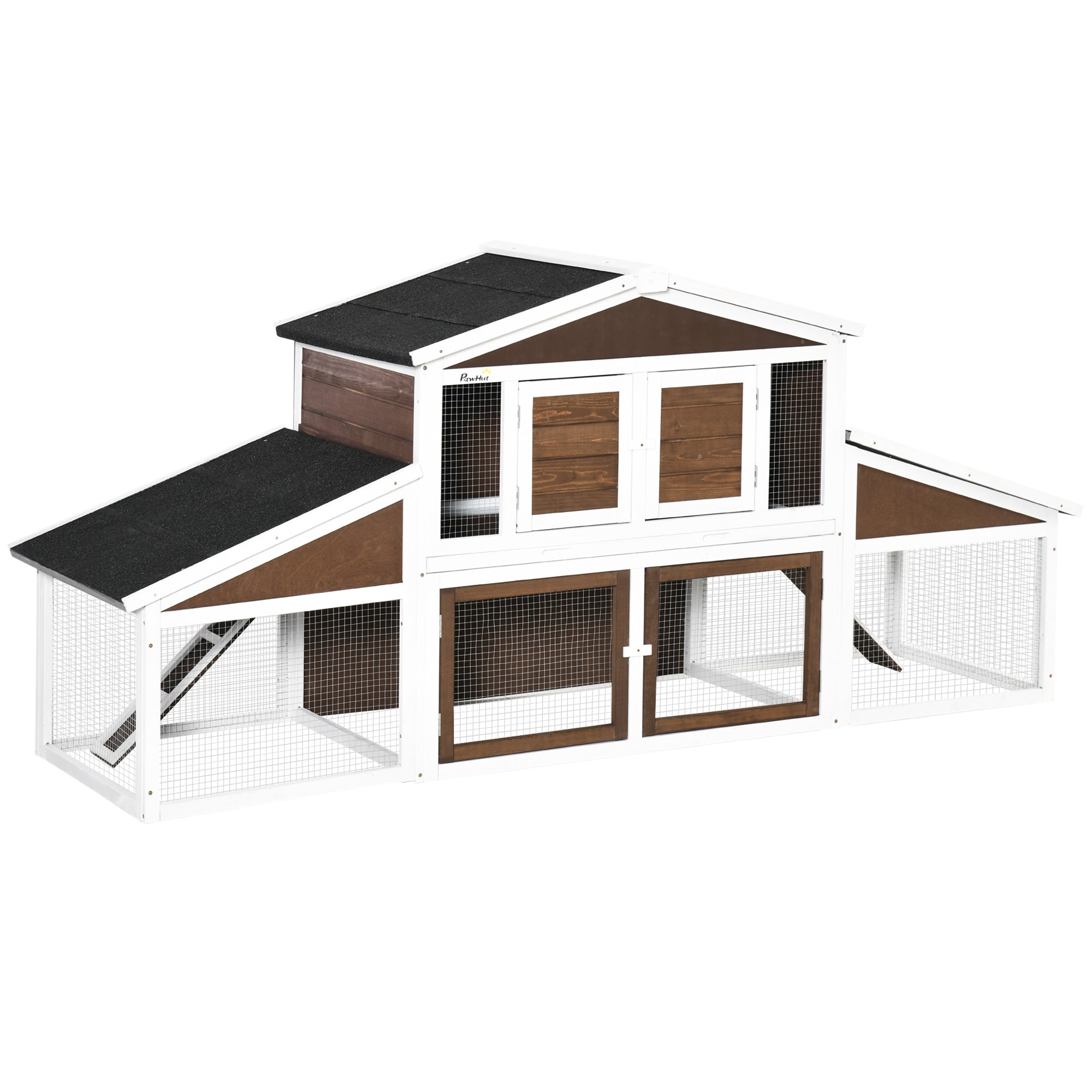 PawHut 89"L Outdoor Rabbit Hutch, Guinea Pig Cage Indoor Outdoor Wooden Bunny Hutch with Double Runs, Weatherproof Roof, Removable Tray, Ramps, Brown
