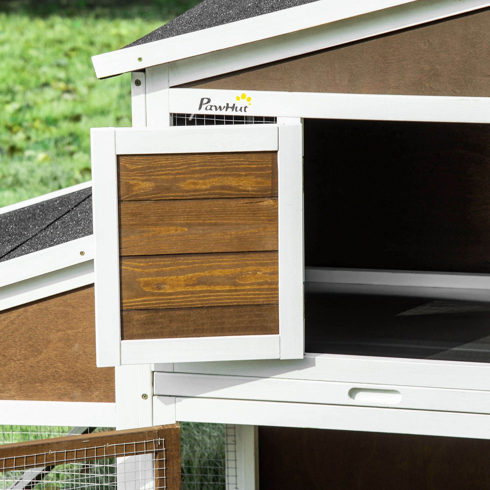 PawHut 89"L Outdoor Rabbit Hutch, Guinea Pig Cage Indoor Outdoor Wooden Bunny Hutch with Double Runs, Weatherproof Roof, Removable Tray, Ramps, Brown