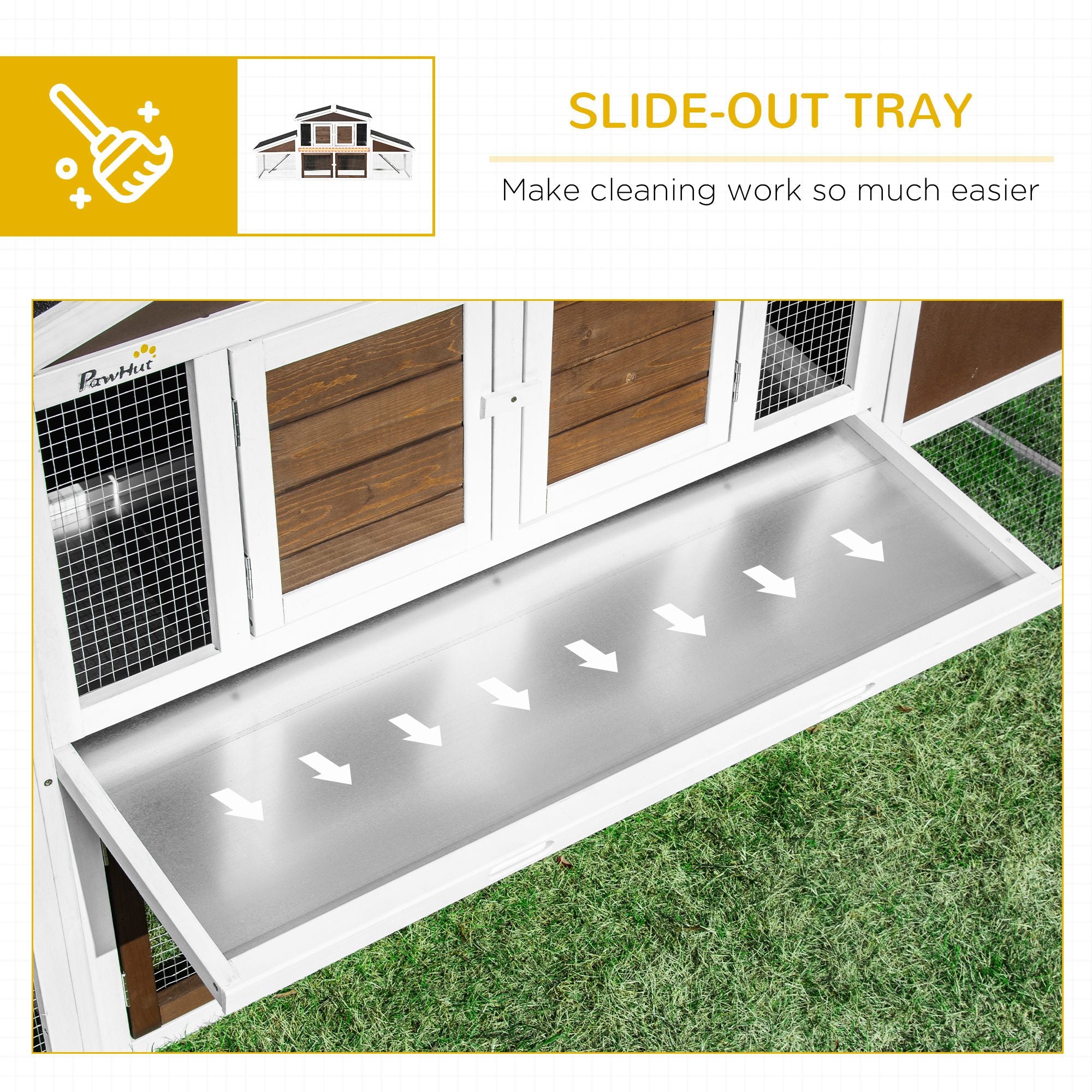 PawHut 89"L Outdoor Rabbit Hutch, Guinea Pig Cage Indoor Outdoor Wooden Bunny Hutch with Double Runs, Weatherproof Roof, Removable Tray, Ramps, Brown