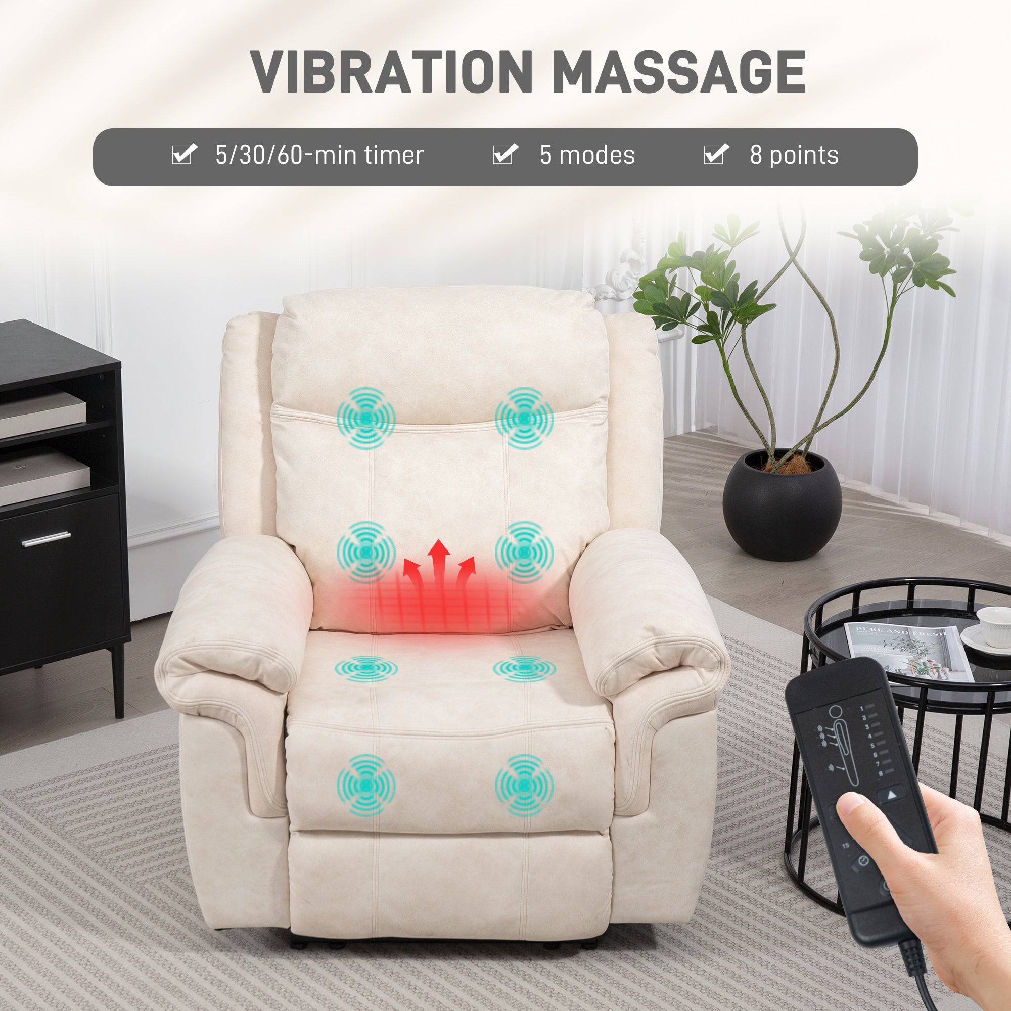 HOMCOM Vibration Massage Recliner Chair, Manual Microfibre Reclining Chair for Living Room with Side Pockets, Footrest, Remote, Easy Assembly, Cream White