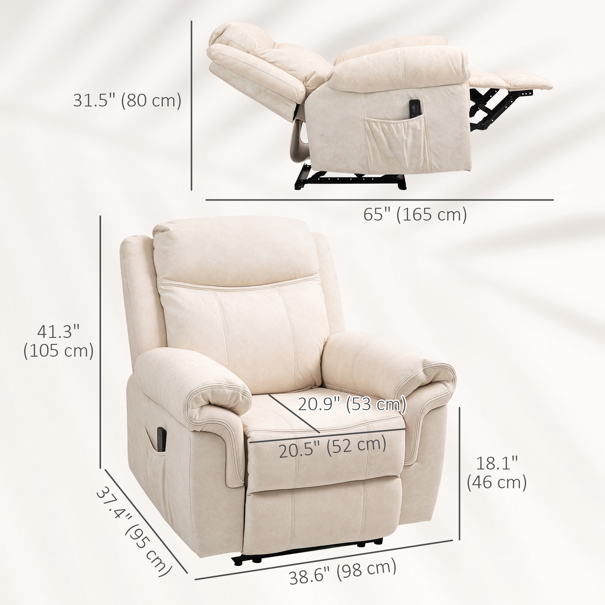 HOMCOM Vibration Massage Recliner Chair, Manual Microfibre Reclining Chair for Living Room with Side Pockets, Footrest, Remote, Easy Assembly, Cream White