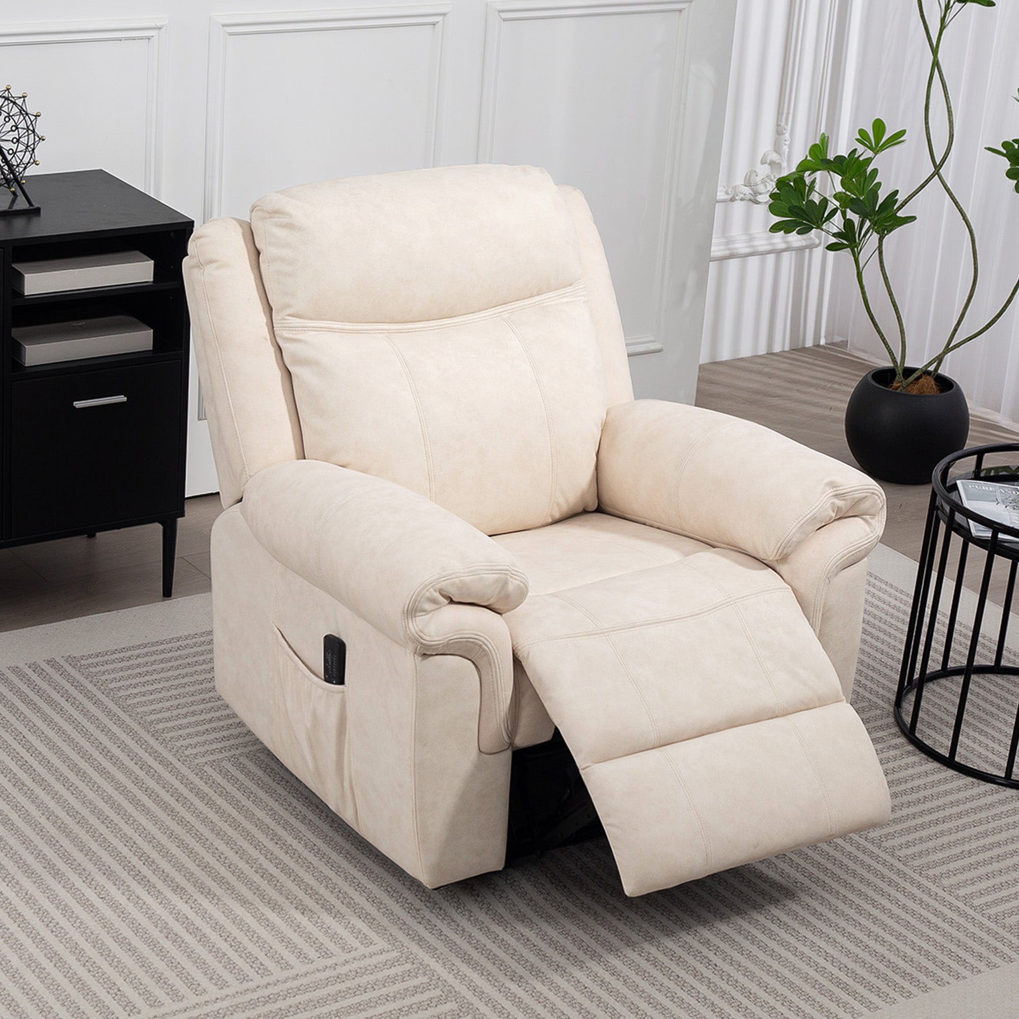 HOMCOM Vibration Massage Recliner Chair, Manual Microfibre Reclining Chair for Living Room with Side Pockets, Footrest, Remote, Easy Assembly, Cream White