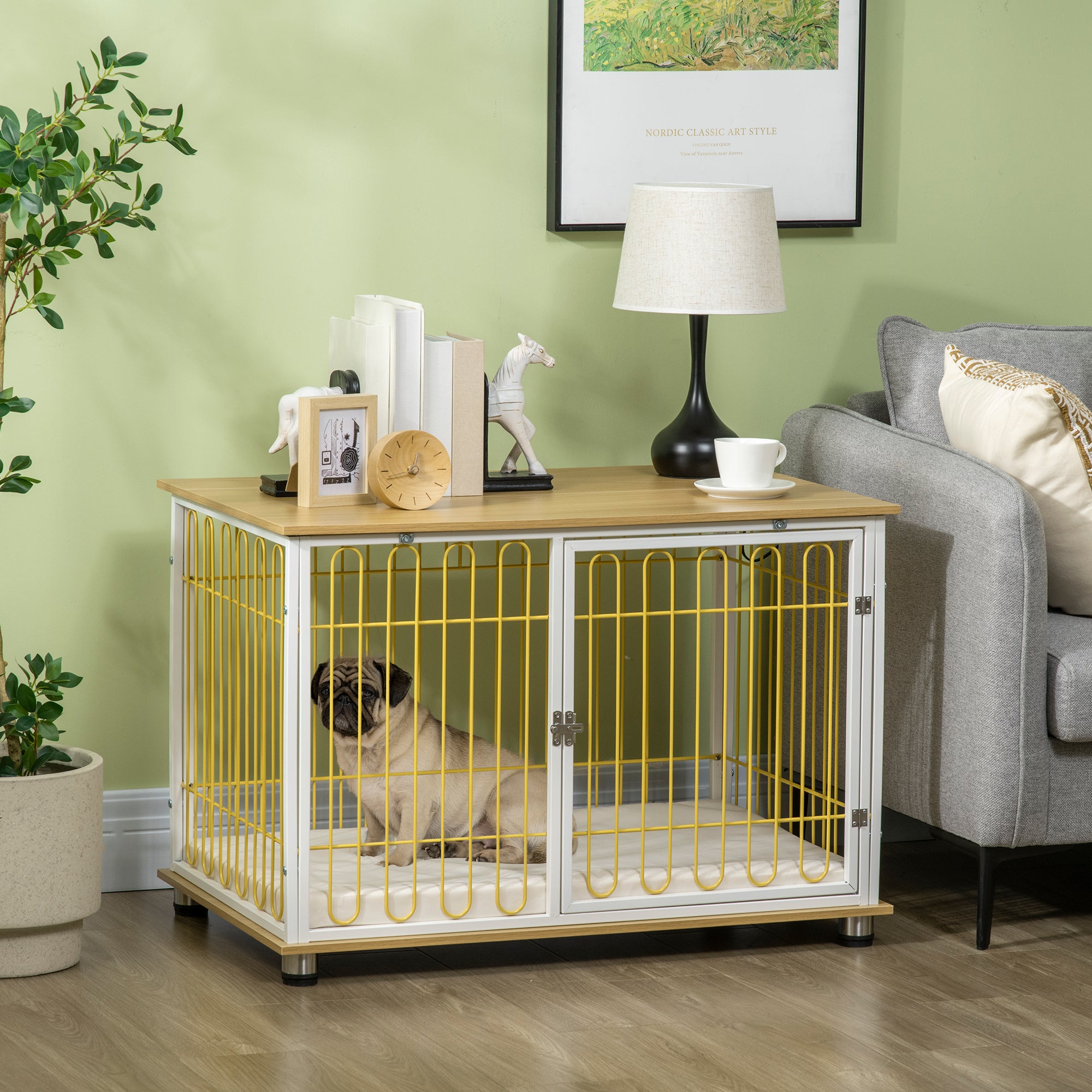PawHut Modern Medium Dog Crate End Table with Soft Cushion, Wooden Dog Crate Bed Indoor Dog Kennel Furniture with Washable Cushion Cover