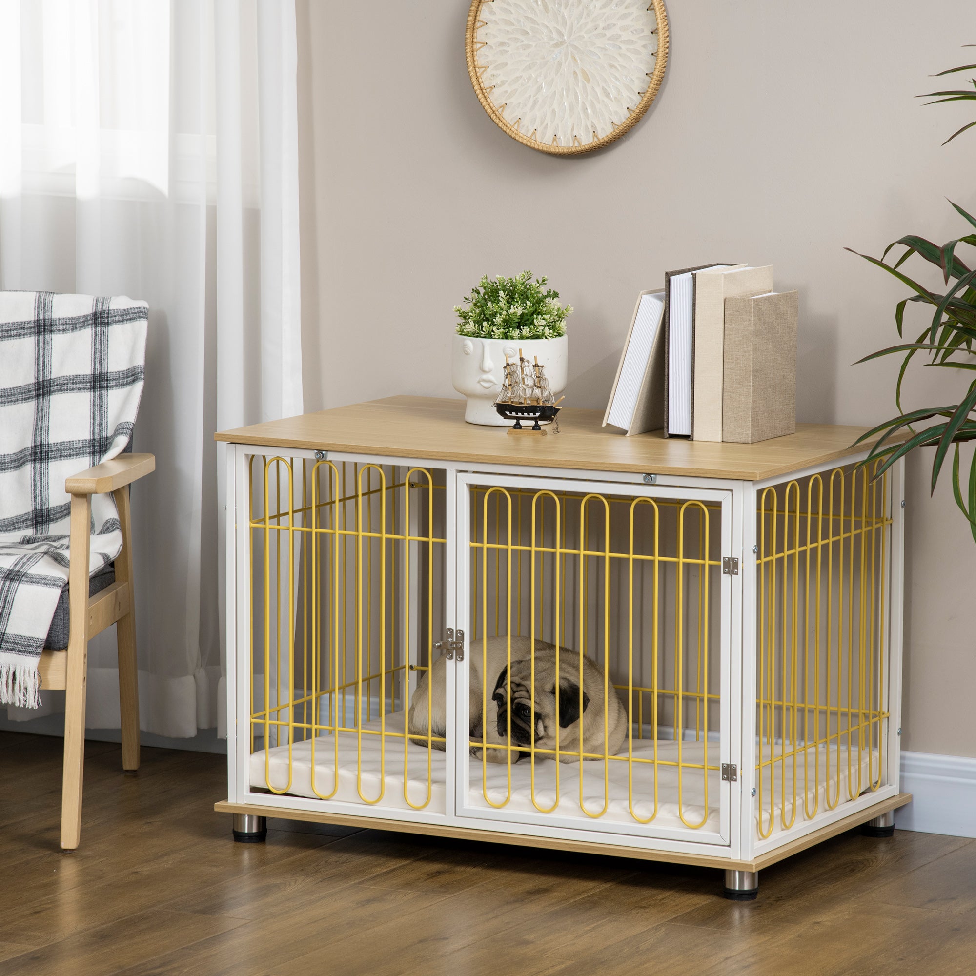 PawHut Modern Medium Dog Crate End Table with Soft Cushion, Wooden Dog Crate Bed Indoor Dog Kennel Furniture with Washable Cushion Cover