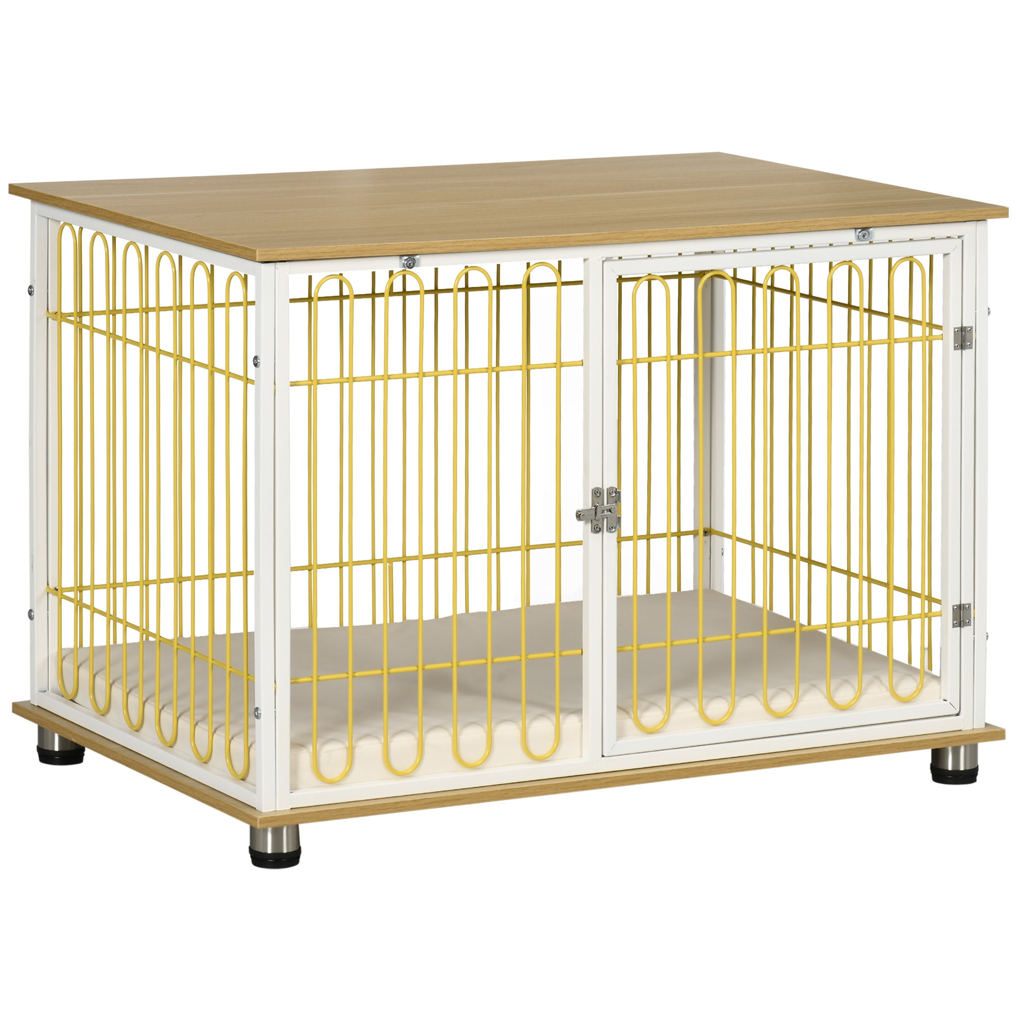 PawHut Modern Medium Dog Crate End Table with Soft Cushion, Wooden Dog Crate Bed Indoor Dog Kennel Furniture with Washable Cushion Cover