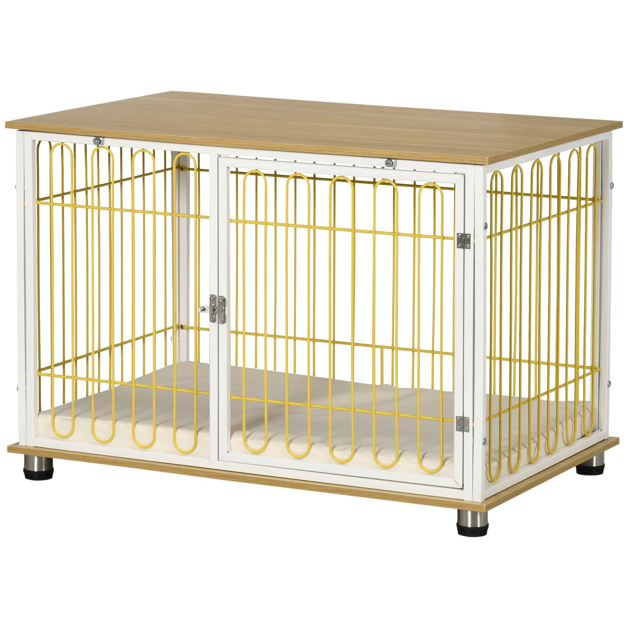 PawHut Modern Medium Dog Crate End Table with Soft Cushion, Wooden Dog Crate Bed Indoor Dog Kennel Furniture with Washable Cushion Cover