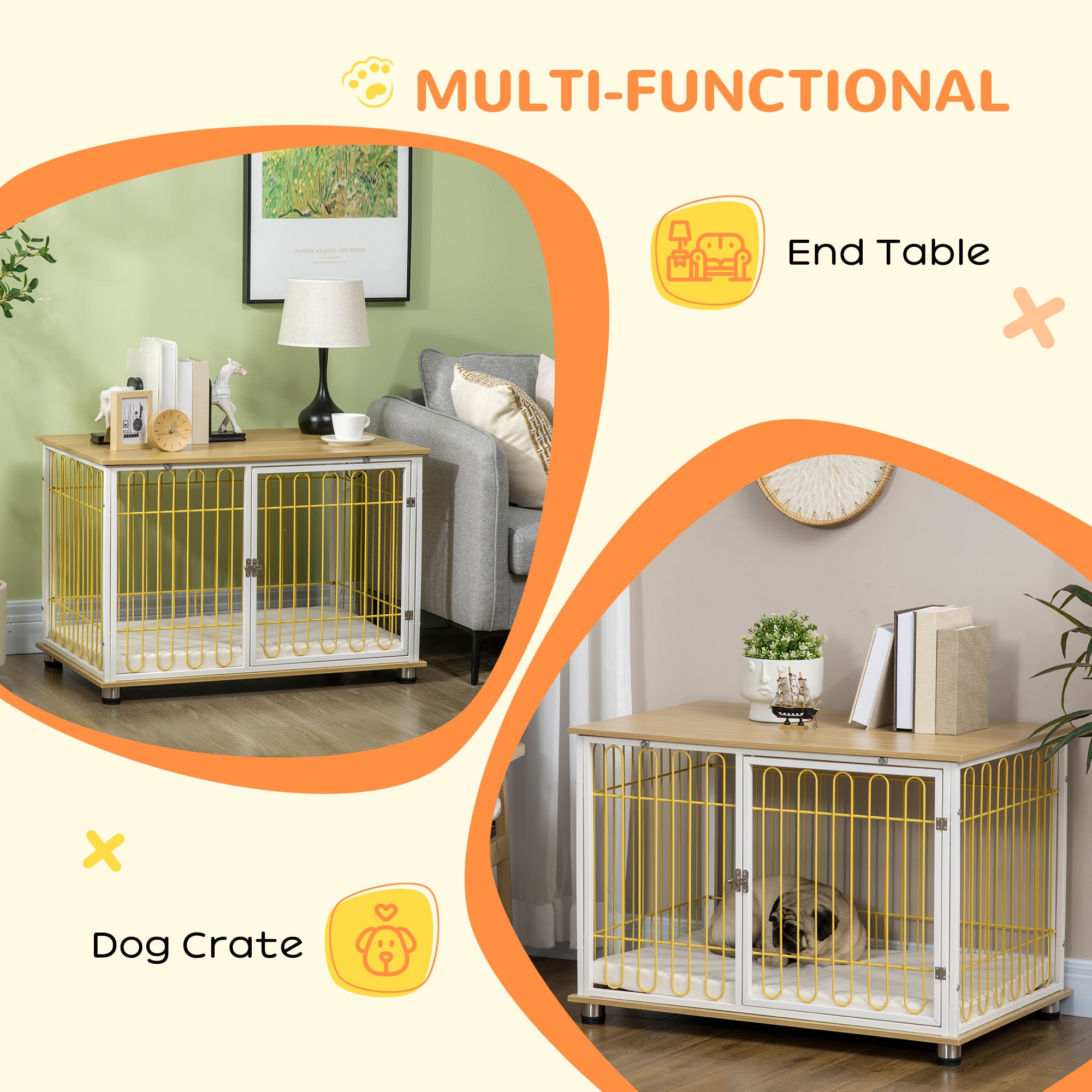 PawHut Modern Medium Dog Crate End Table with Soft Cushion, Wooden Dog Crate Bed Indoor Dog Kennel Furniture with Washable Cushion Cover