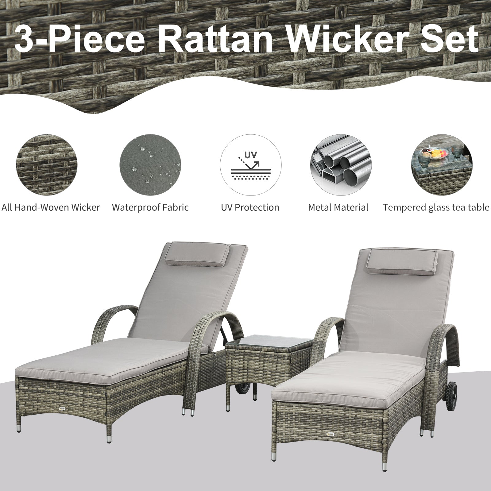 Outsunny 3 Pieces Wicker Patio Lounger Set with Table, PE Rattan Outdoor Lounge Chair Set with Cushions, Wheels, 5-Level Reclining Backrest, Headrest, Mixed Grey
