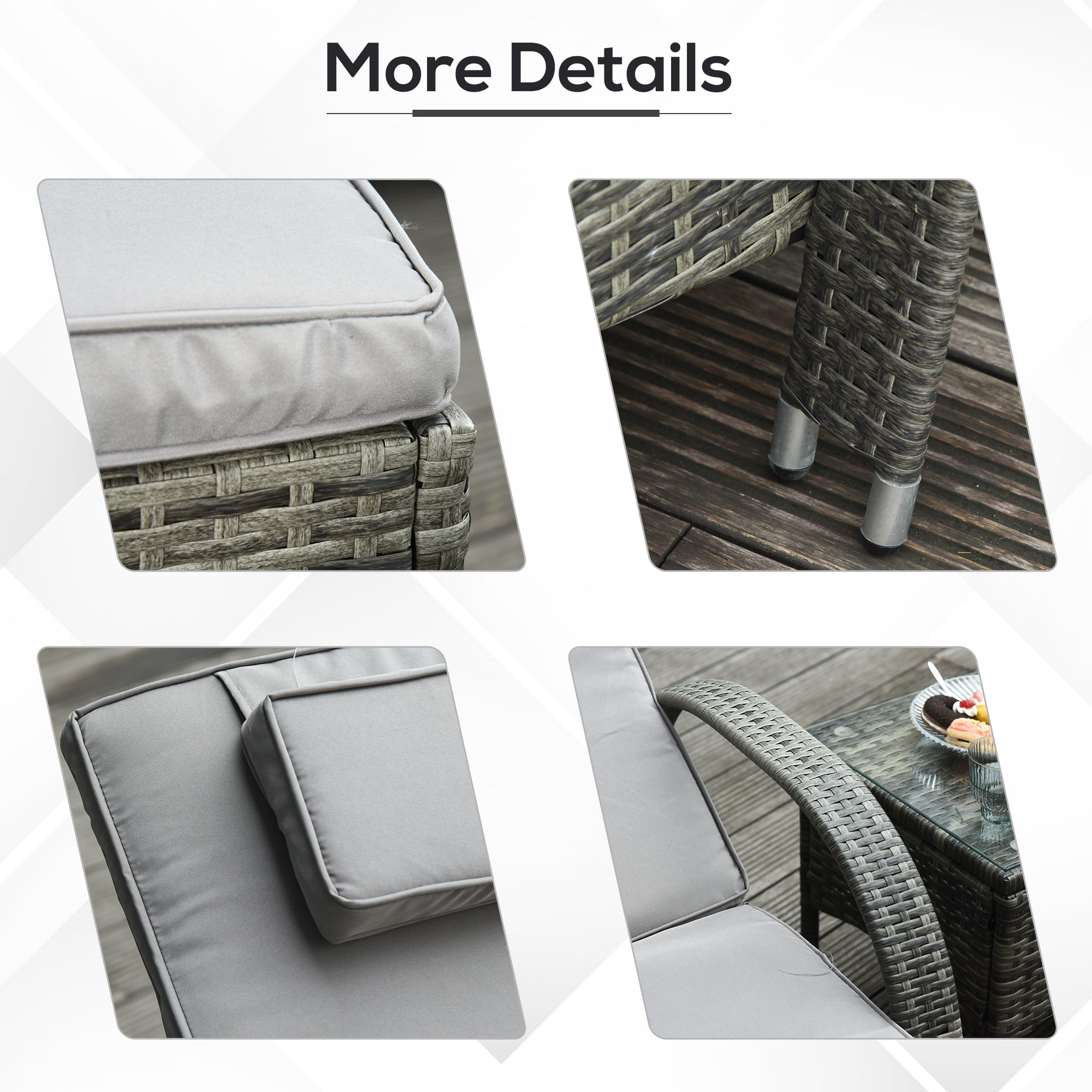 Outsunny 3 Pieces Wicker Patio Lounger Set with Table, PE Rattan Outdoor Lounge Chair Set with Cushions, Wheels, 5-Level Reclining Backrest, Headrest, Mixed Grey