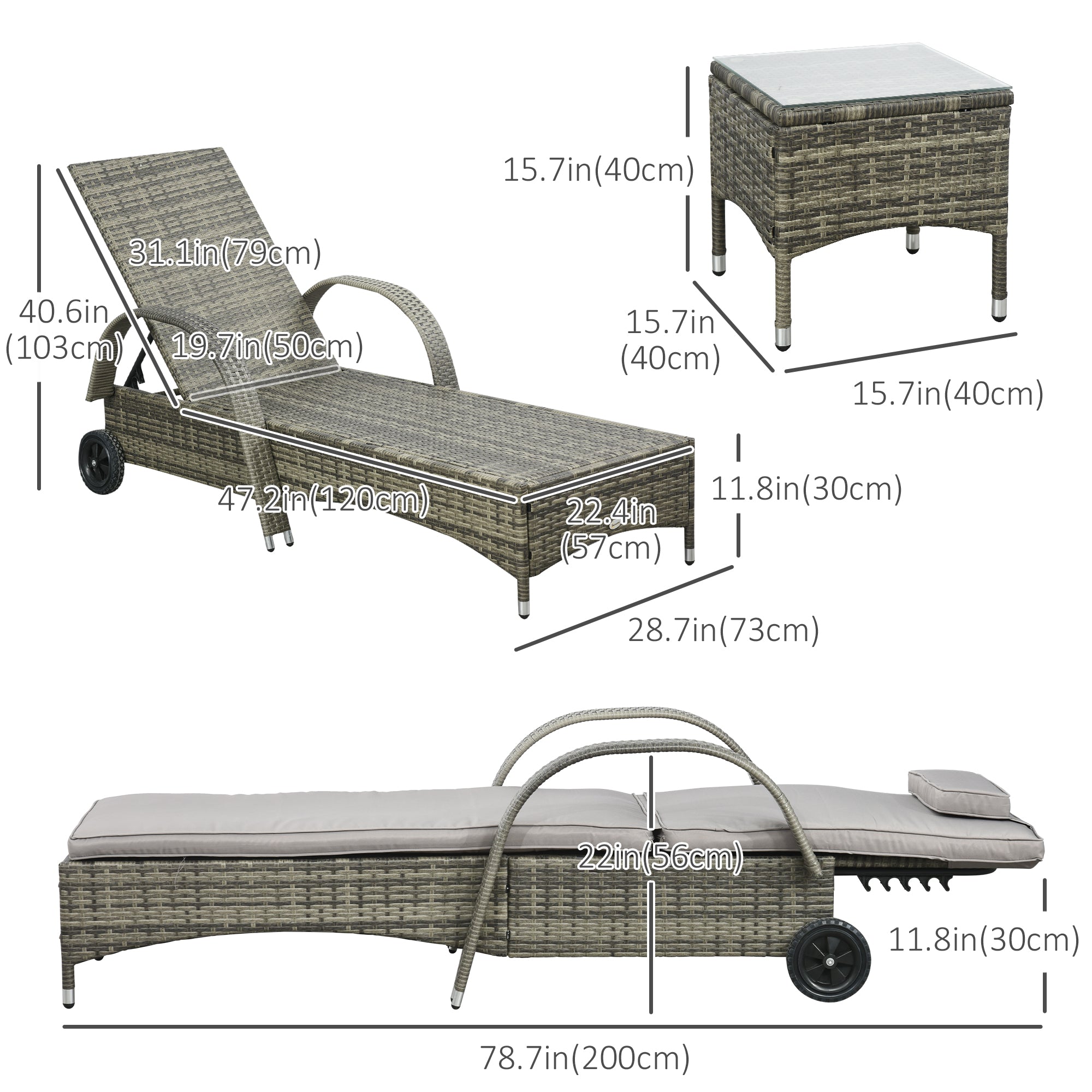 Outsunny 3 Pieces Wicker Patio Lounger Set with Table, PE Rattan Outdoor Lounge Chair Set with Cushions, Wheels, 5-Level Reclining Backrest, Headrest, Mixed Grey
